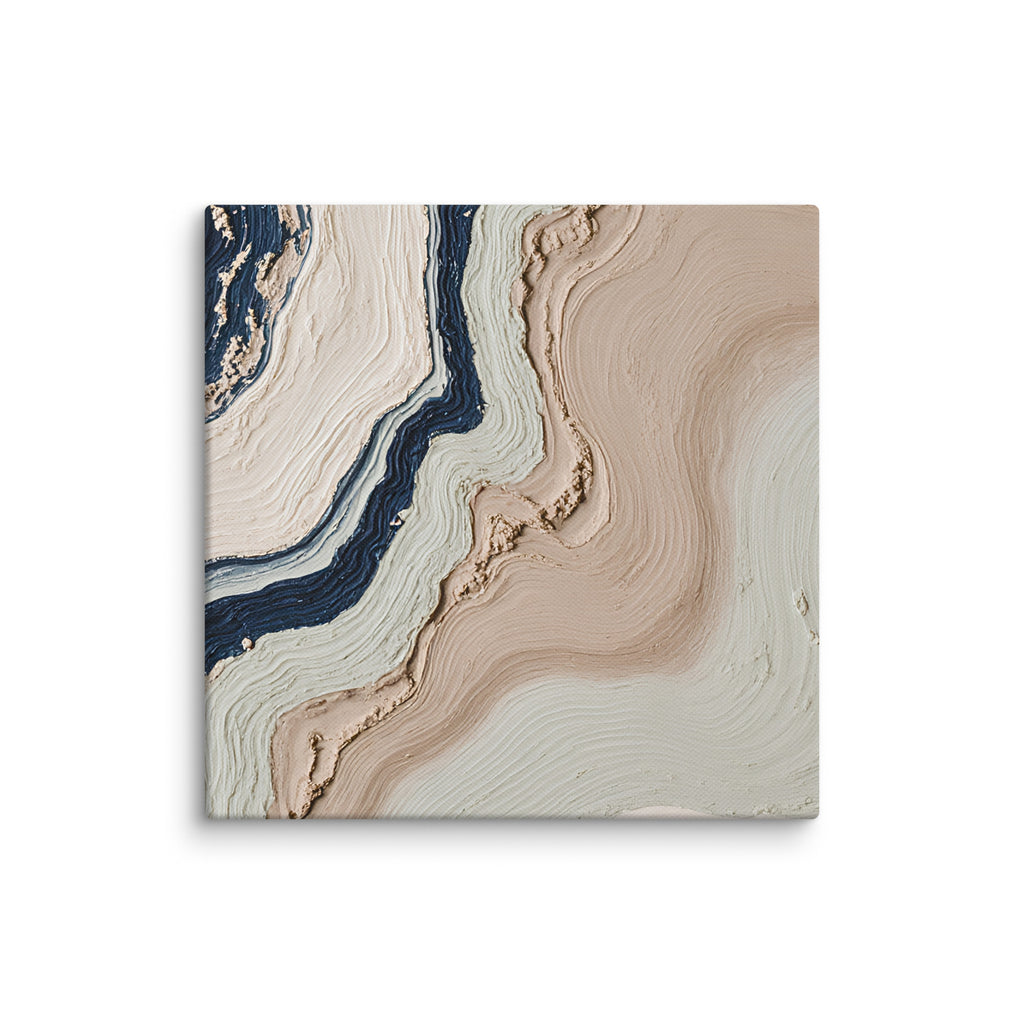 Striata canvas artwork with rhythmic bands of mineral color and sediment-like layers, shown on white.