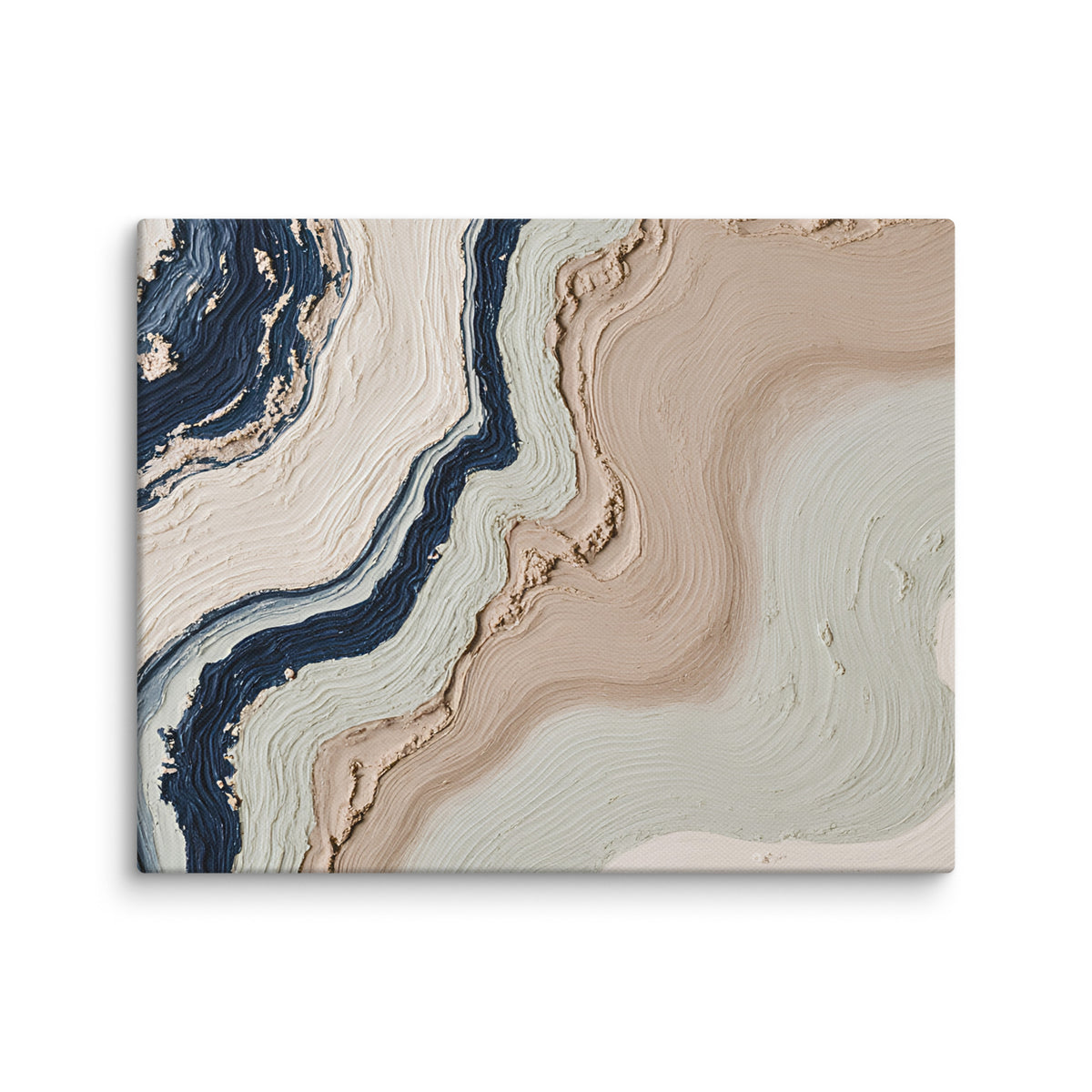 Striata canvas artwork with rhythmic bands of mineral color and sediment-like layers, shown on white.