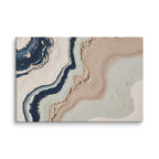 Striata canvas artwork with rhythmic bands of mineral color and sediment-like layers, shown on white.