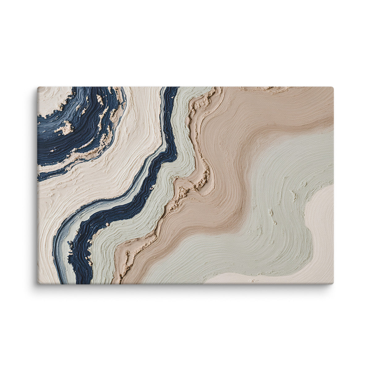 Striata canvas artwork with rhythmic bands of mineral color and sediment-like layers, shown on white.