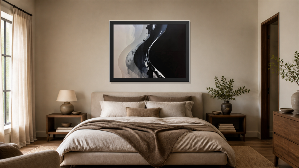 Catalysis framed paper at 24x36 inch (landscape) scale in a premium residential bedroom