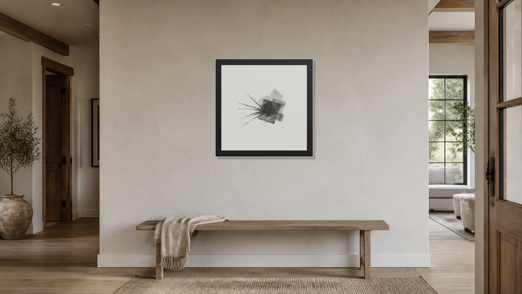 Fallow framed paper at 16x16 inch (square) scale in a premium residential hallway
