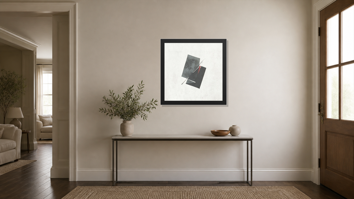 Fault framed paper at 16x16 inch (square) scale in a premium residential entry/foyer