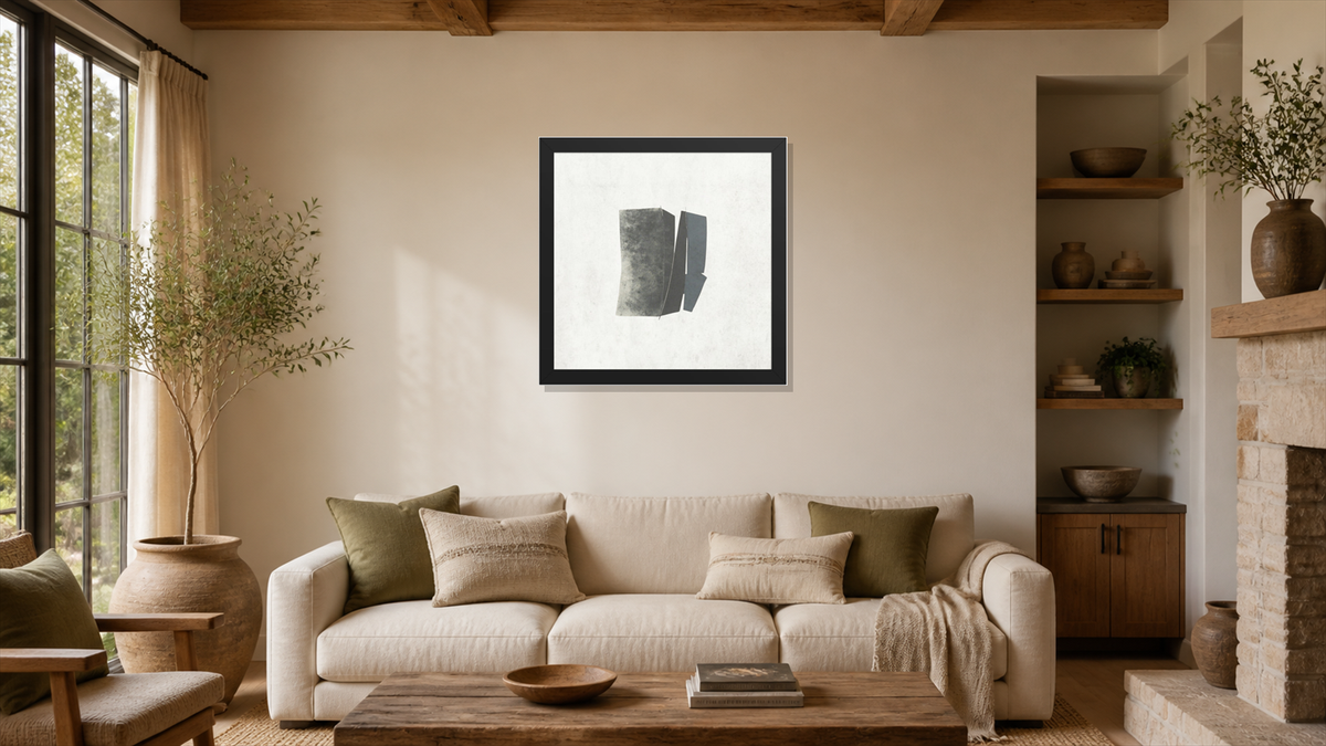 Fold framed paper at 16x16 inch (square) scale in a premium residential living room