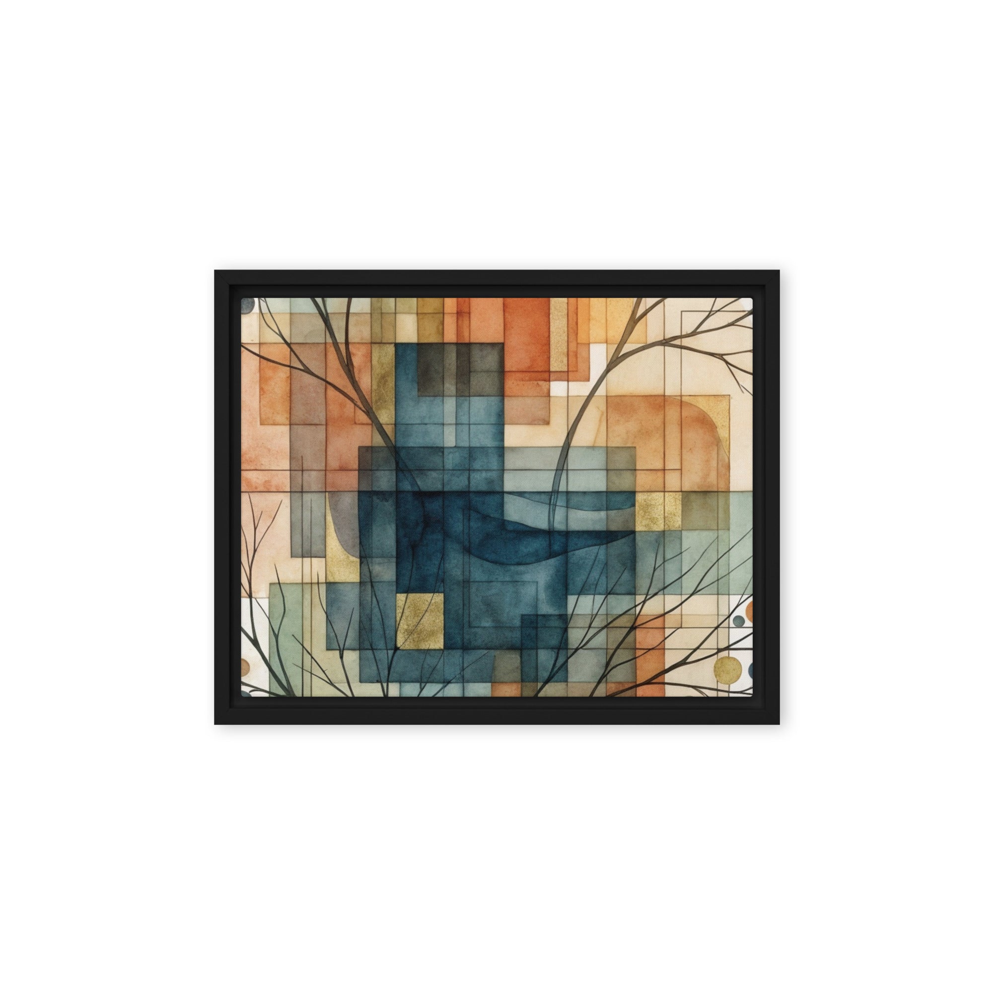 Always framed canvas urban shown in front view in black frame, 11 x 14 inch universal size
