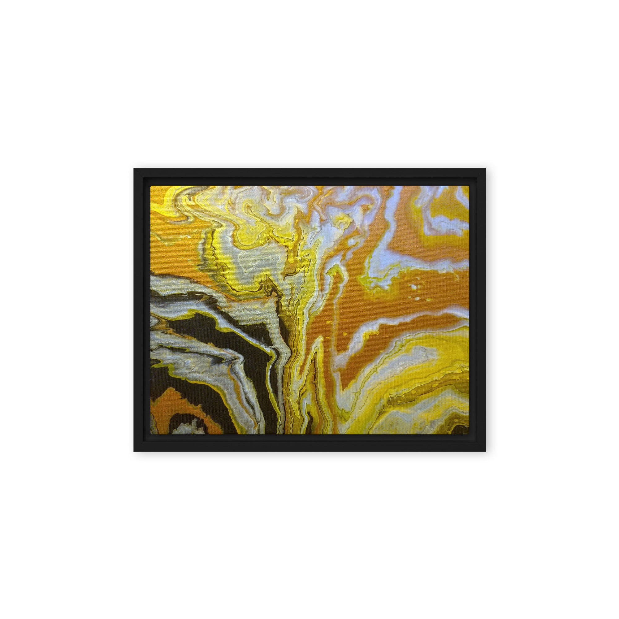 Golden Surge framed canvas print with product details shown in black frame, 16 x 20 inch universal size