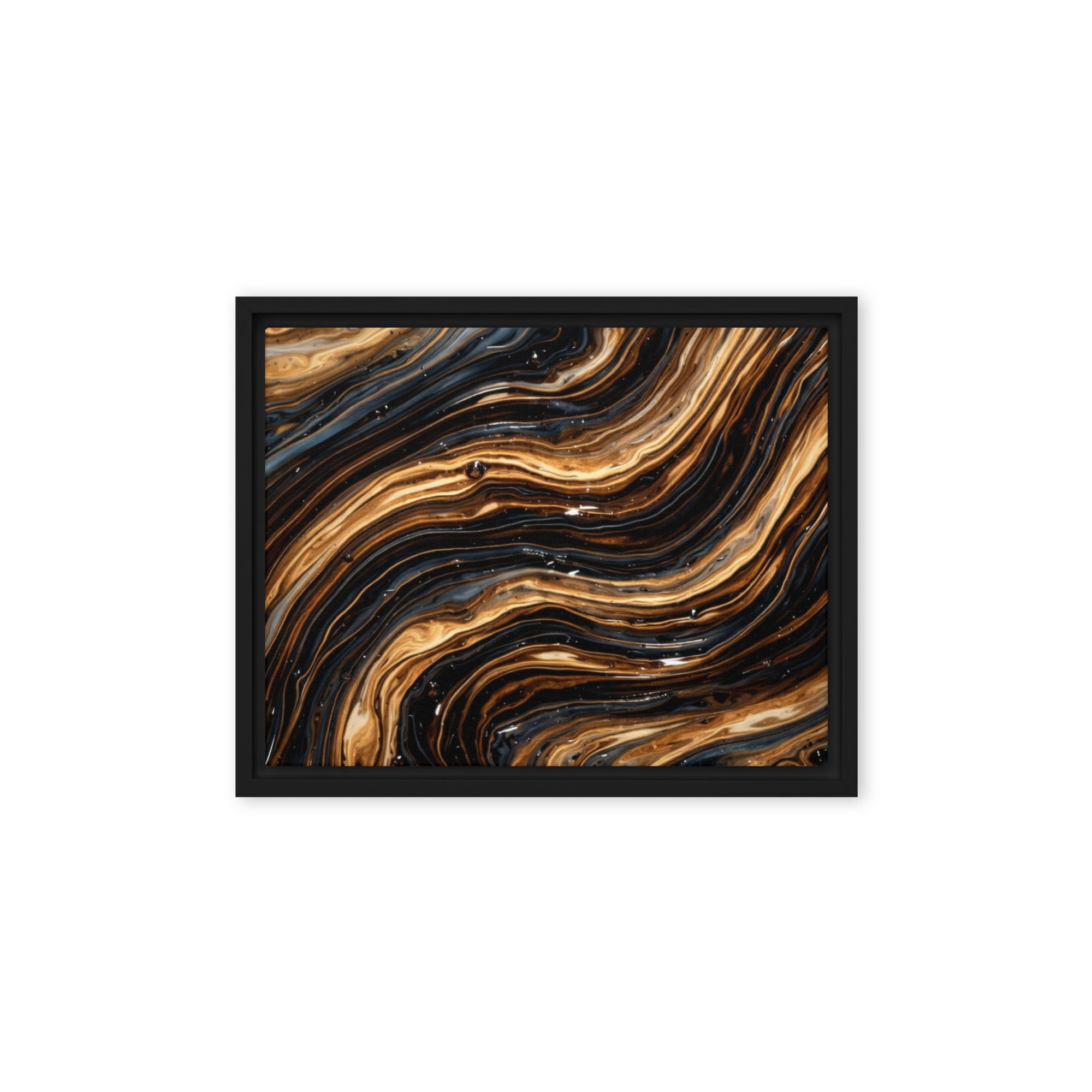 Amber framed canvas print with product details shown in black frame, 16 x 20 inch universal size