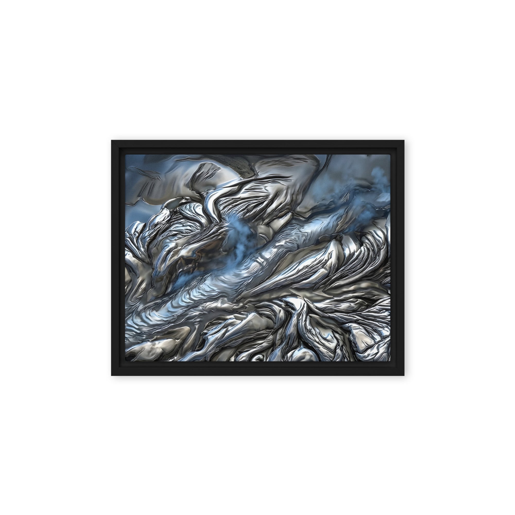 Andesite framed canvas print with product details shown in black frame, 16 x 20 inch universal size