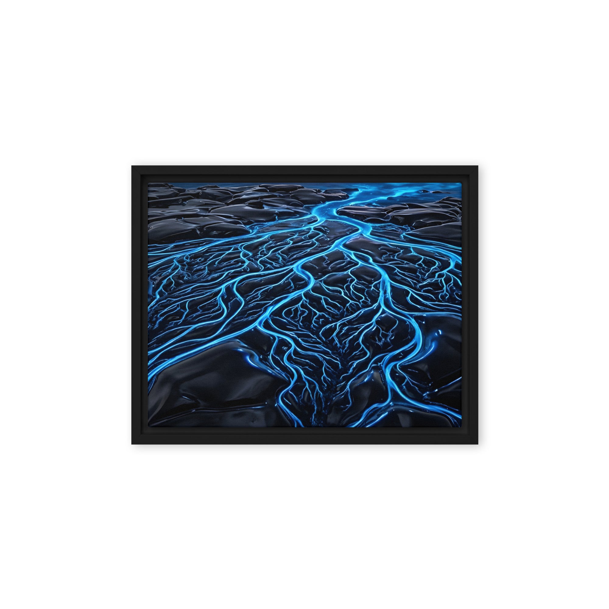 Caldera framed canvas print with product details shown in black frame, 16 x 20 inch universal size
