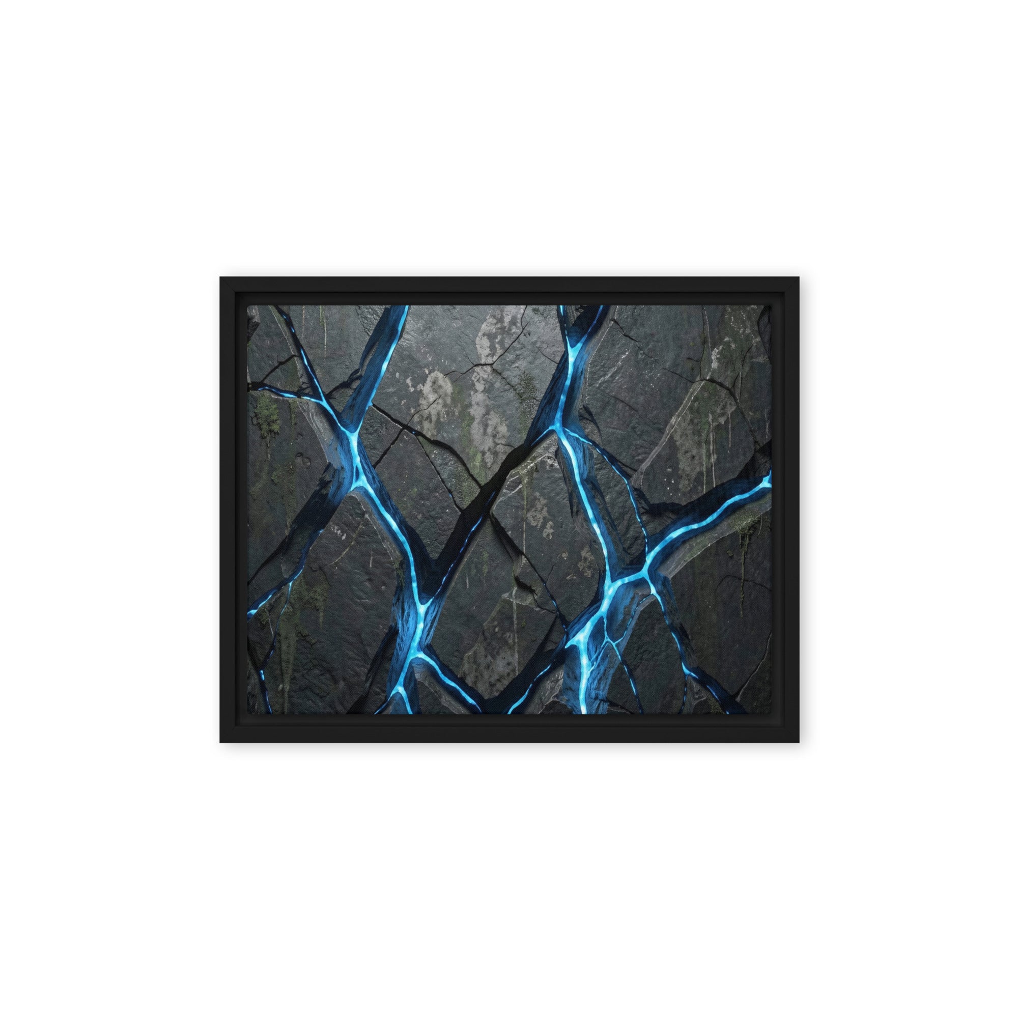 Igneous framed canvas print with product details shown in black frame, 16 x 20 inch universal size