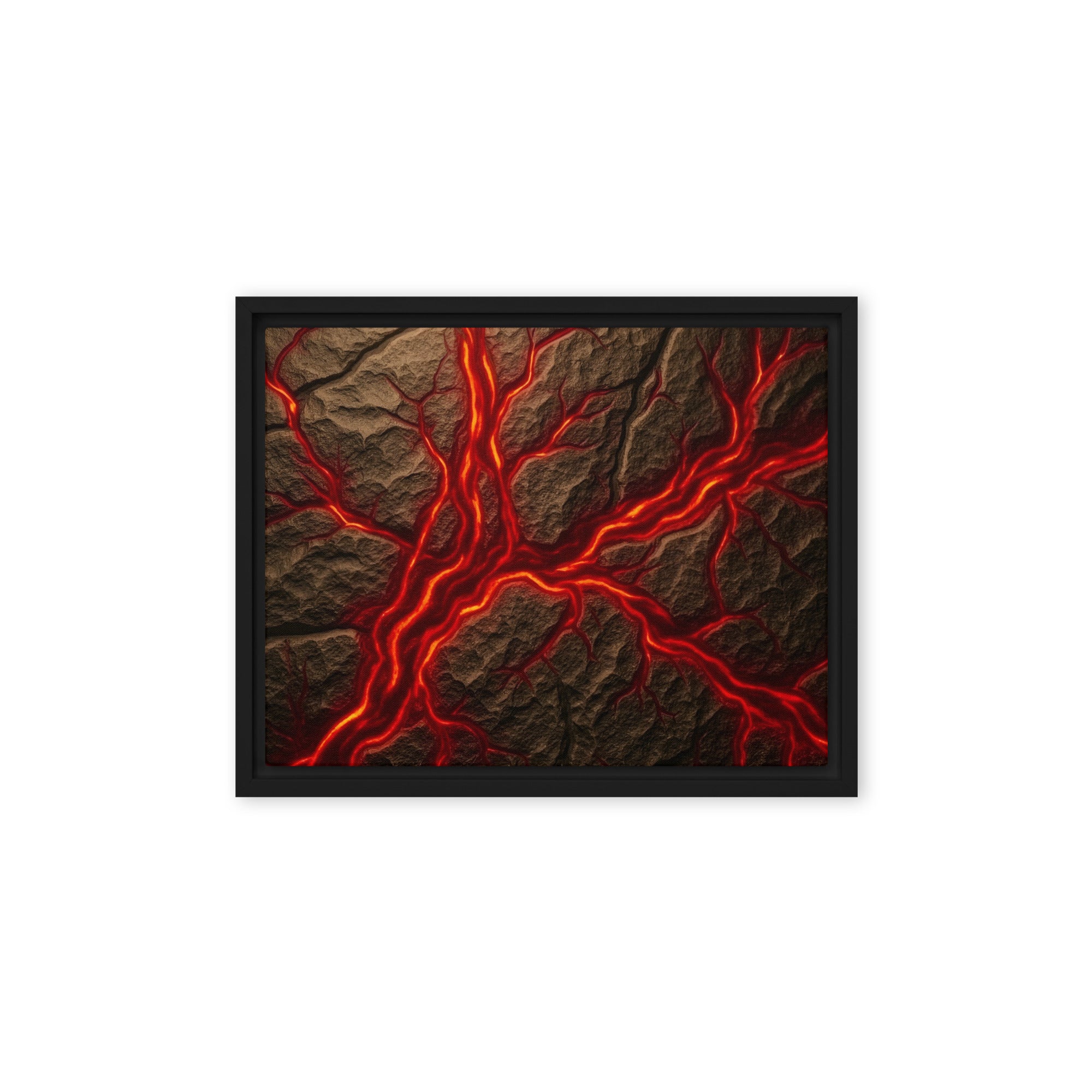 Magma framed canvas print with product details shown in black frame, 16 x 20 inch universal size