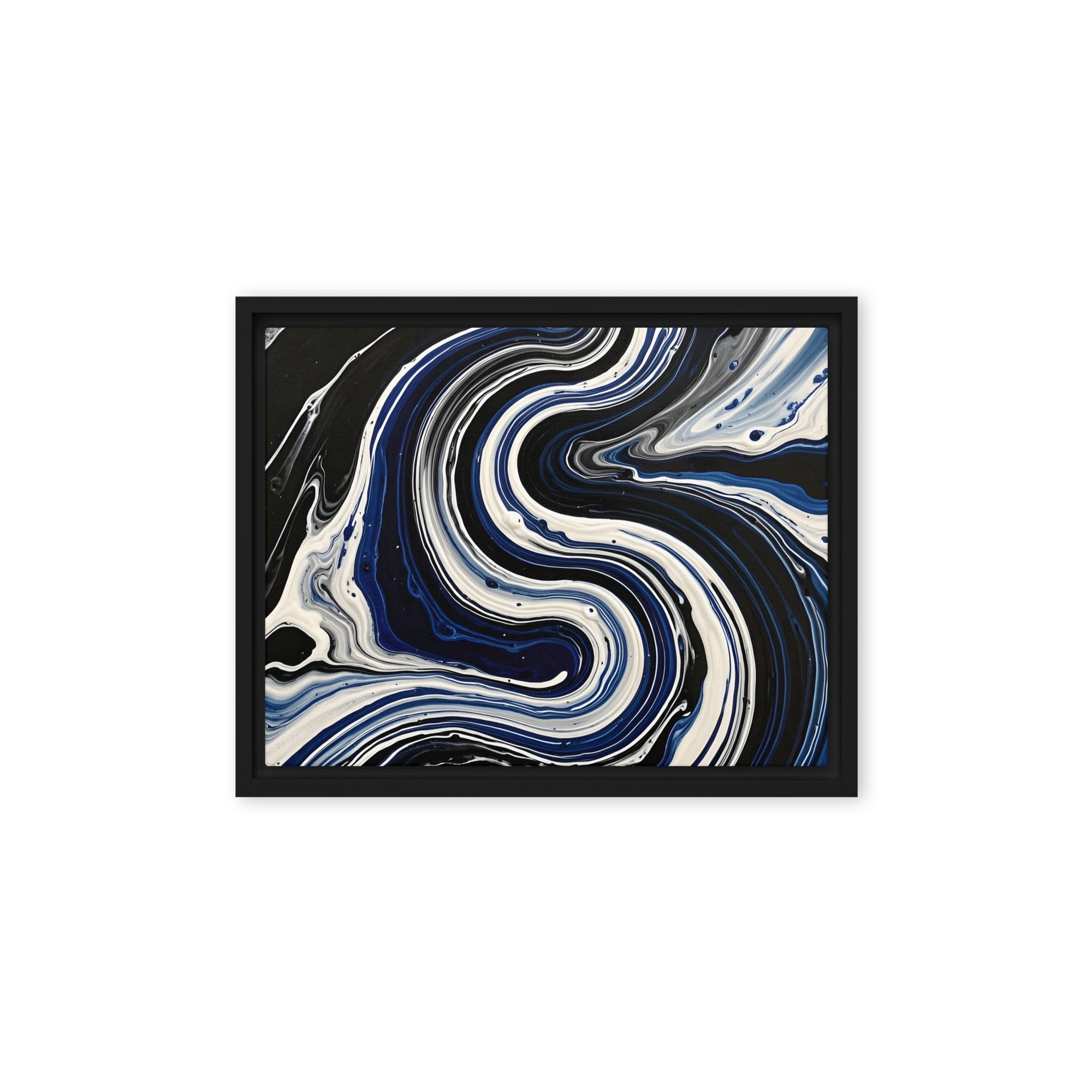 Midnight Surge framed canvas print with product details shown in black frame, 16 x 20 inch universal size