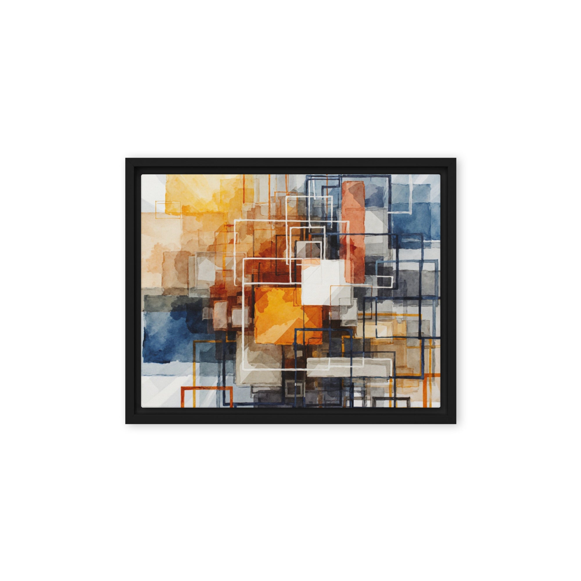 Plinth framed canvas print with product details shown in black frame, 16 x 20 inch universal size