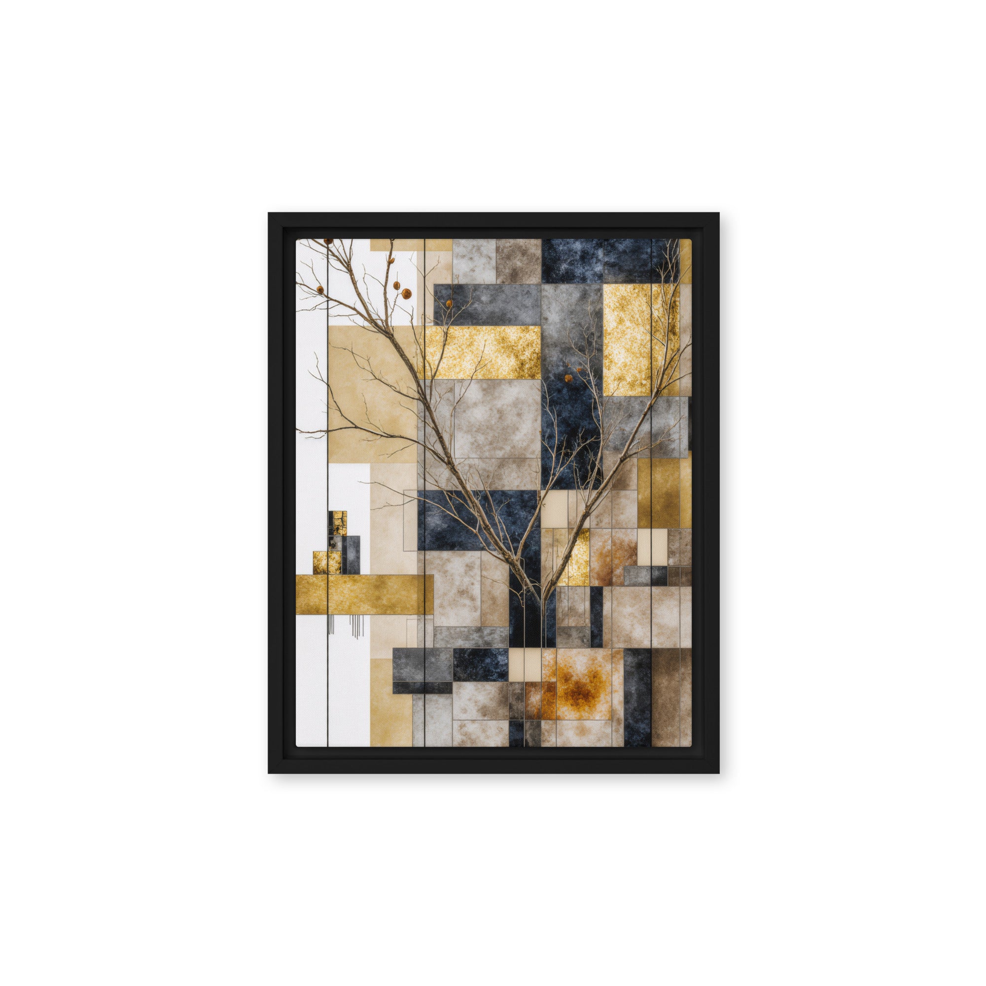 Solari framed canvas print with product details shown in black frame, 16 x 20 inch universal size