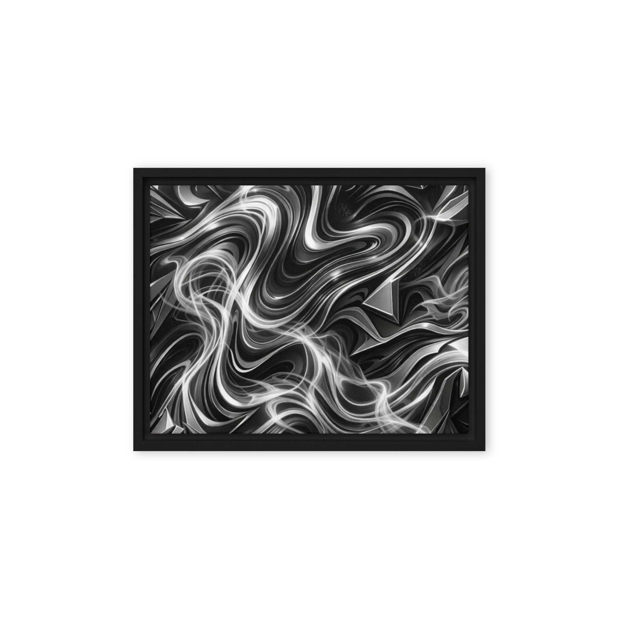 Edge framed canvas print with product details shown in black frame, 16 x 20 inch universal size