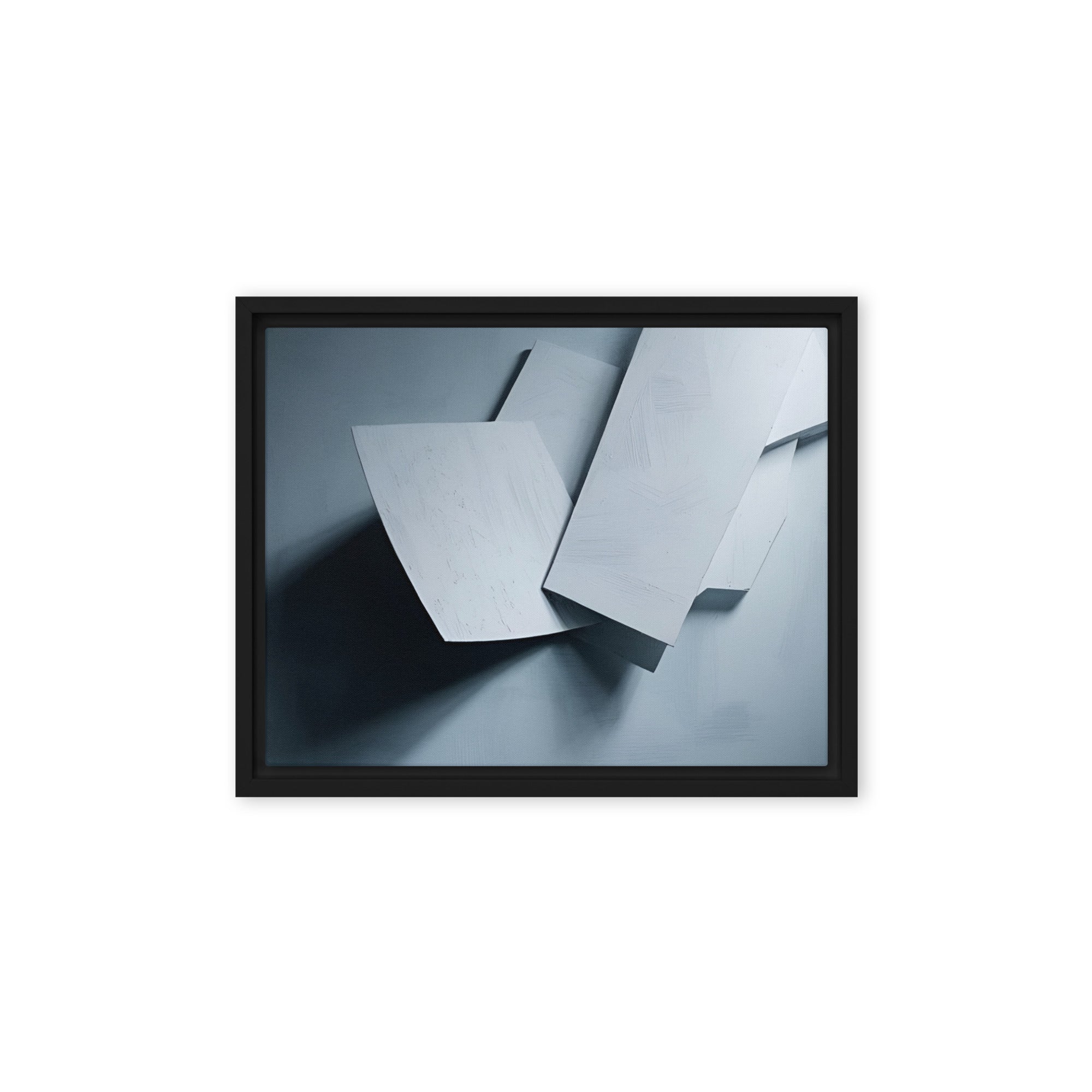 Silhouette framed canvas print with product details shown in black frame, 16 x 20 inch universal size