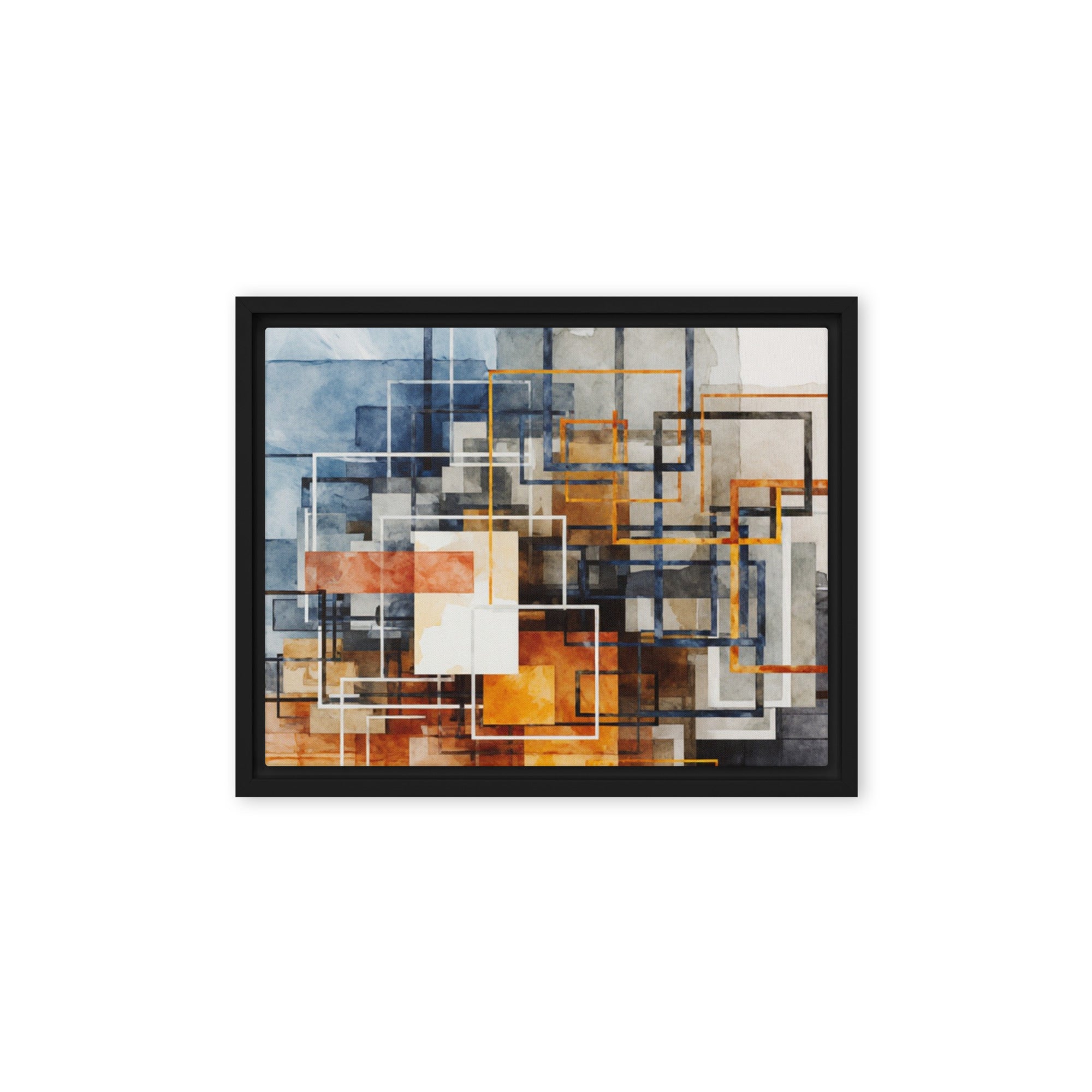 Stratum framed canvas print with product details shown in black frame, 16 x 20 inch universal size