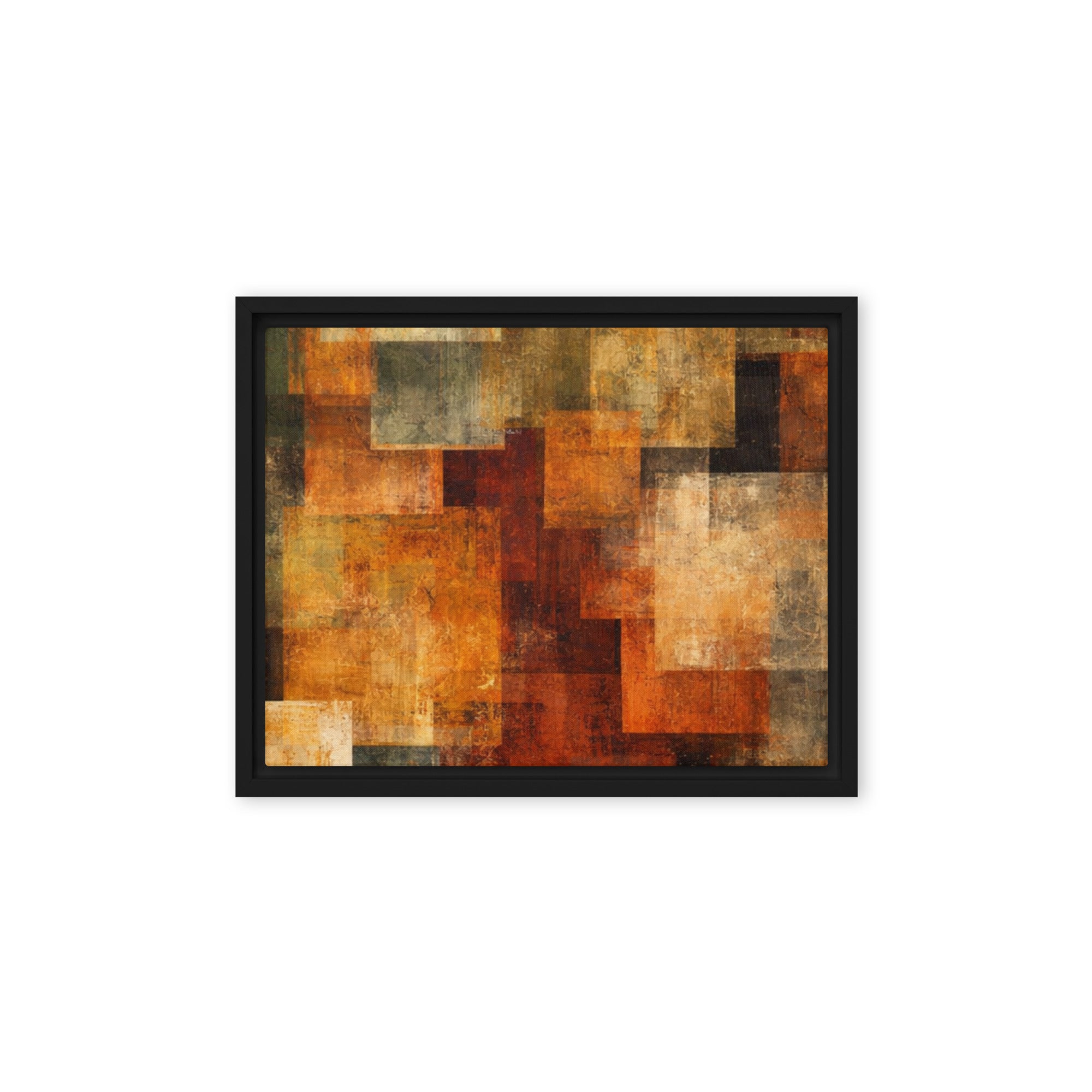 Harvest framed canvas print with product details shown in black frame, 16 x 20 inch universal size