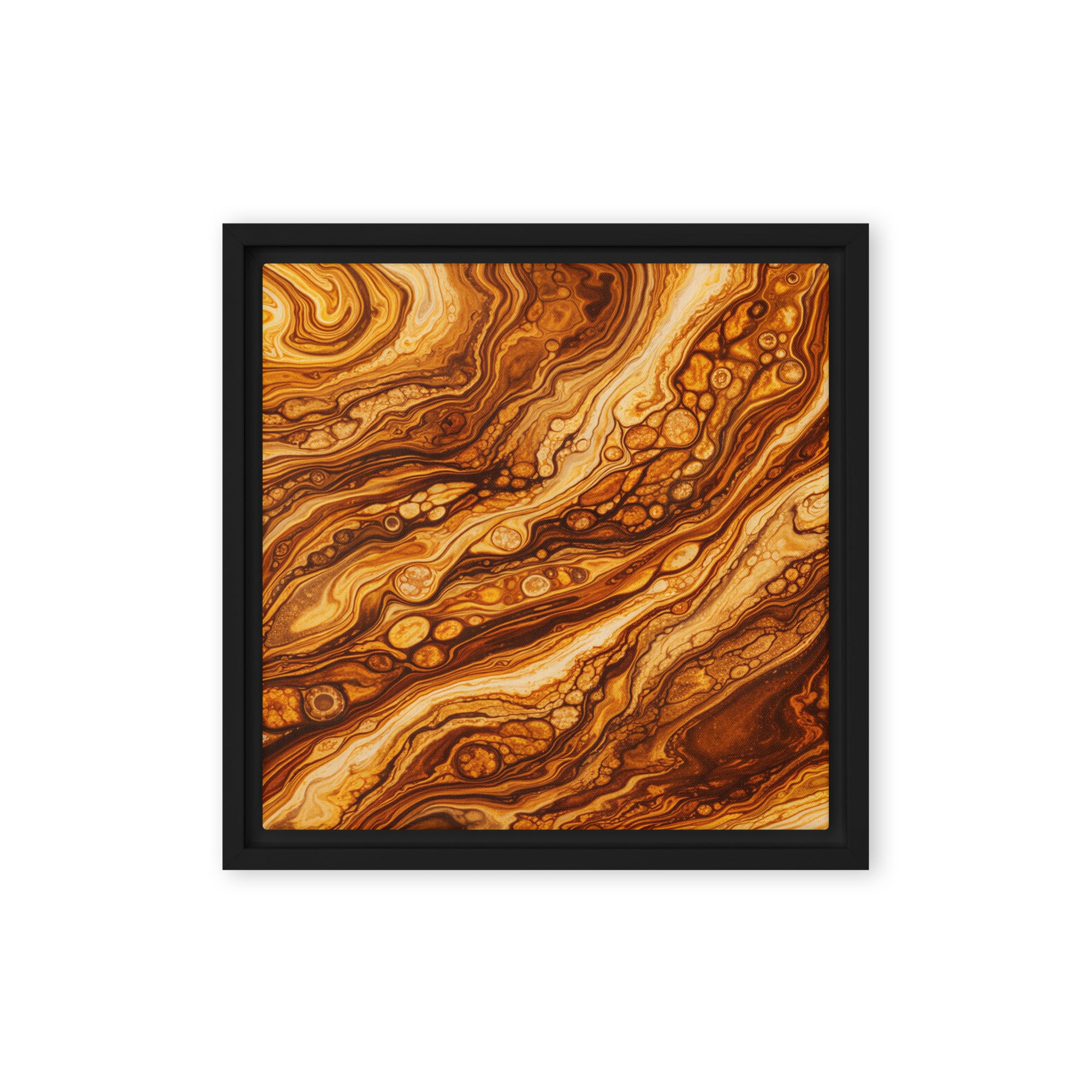 Molten Cells framed canvas print product mockup in black frame, 16 x 16 inch universal size