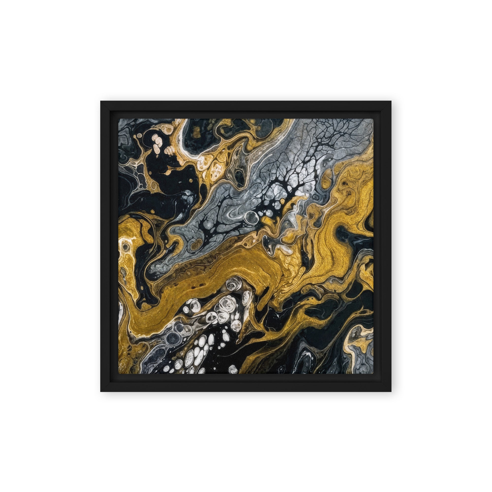 Aurum framed canvas print with product details shown in black frame, 16 x 20 inch universal size