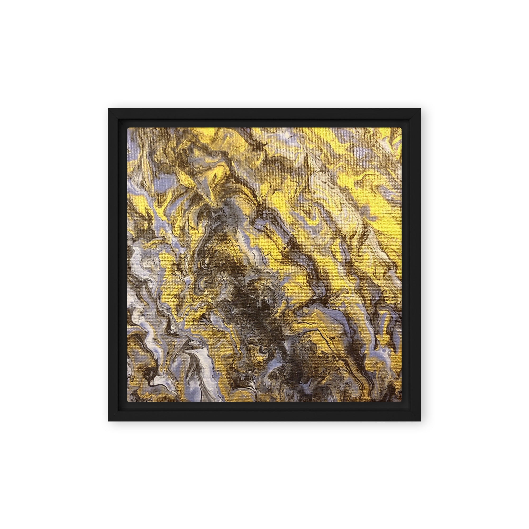 Gold Wave framed canvas print with product details shown in black frame, 16 x 20 inch universal size