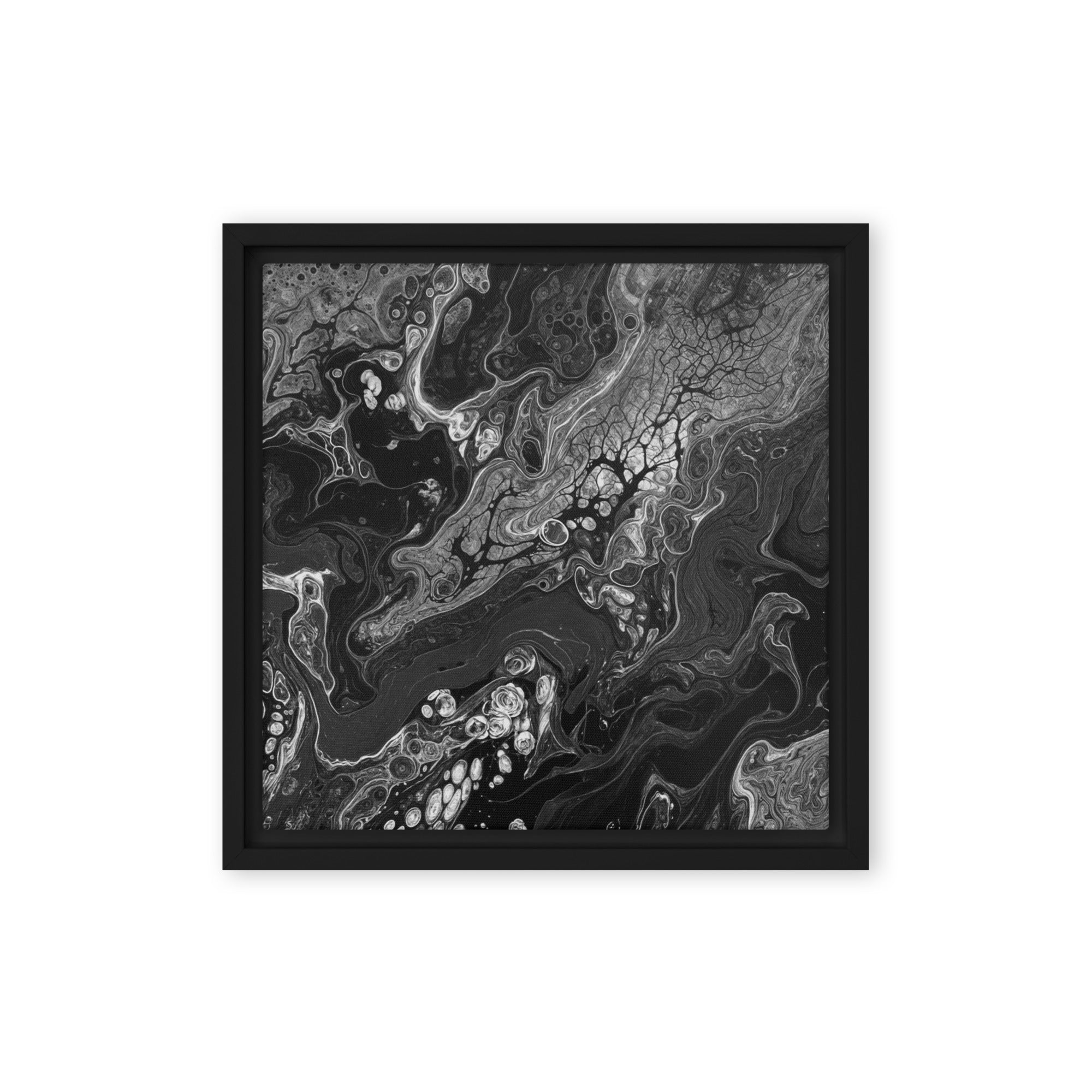 Dark Matter framed canvas print shown in front view in black frame, 20 x 30 inch large size
