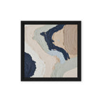 Alluvia framed canvas artwork with layered earth tones and flowing mineral textures, shown on white.