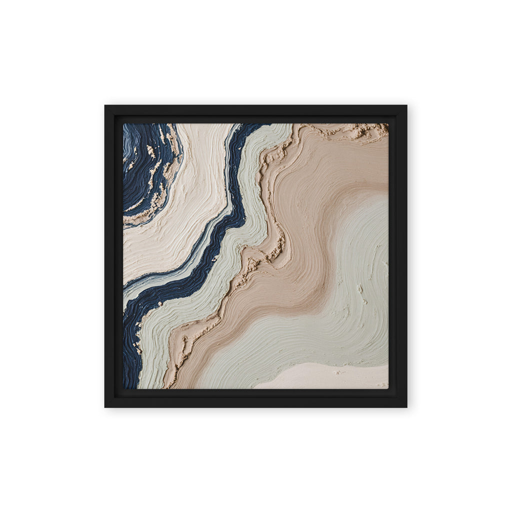 Striata framed canvas artwork with rhythmic bands of mineral color and sediment-like layers, shown on white.