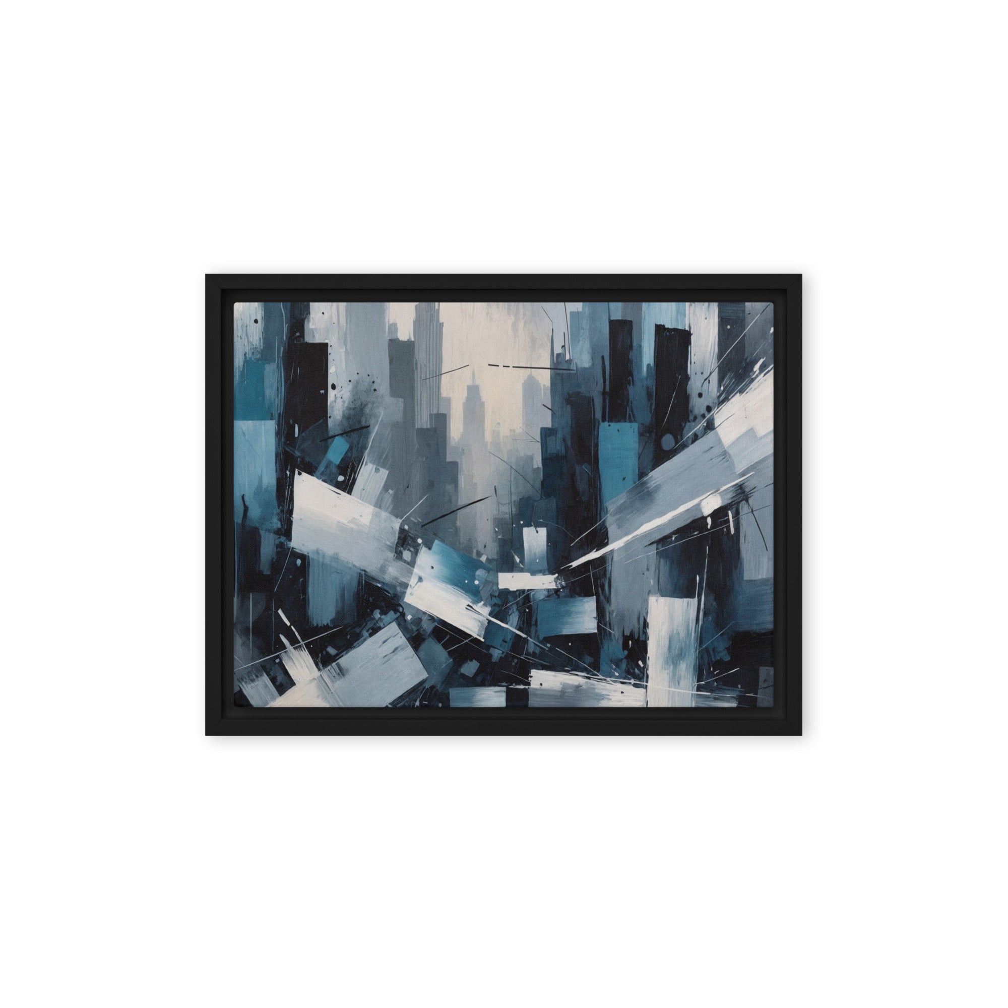 Zephyr framed canvas skyline product mockup in black frame, 16 x 20 inch universal size