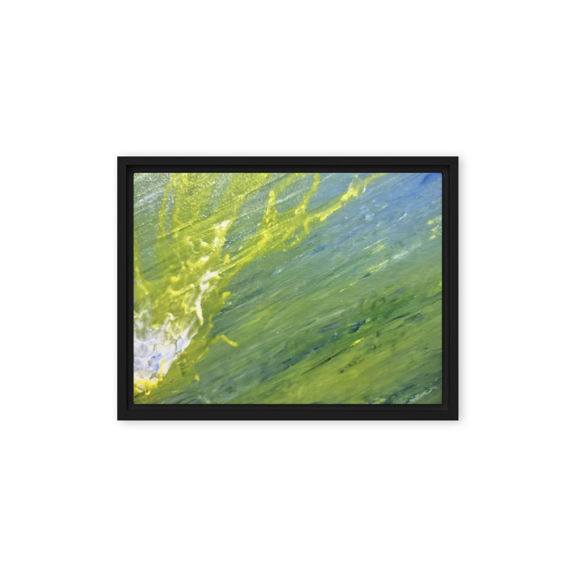 Charged Waters framed canvas print shown in front view in black frame, 12 x 16 inch universal size