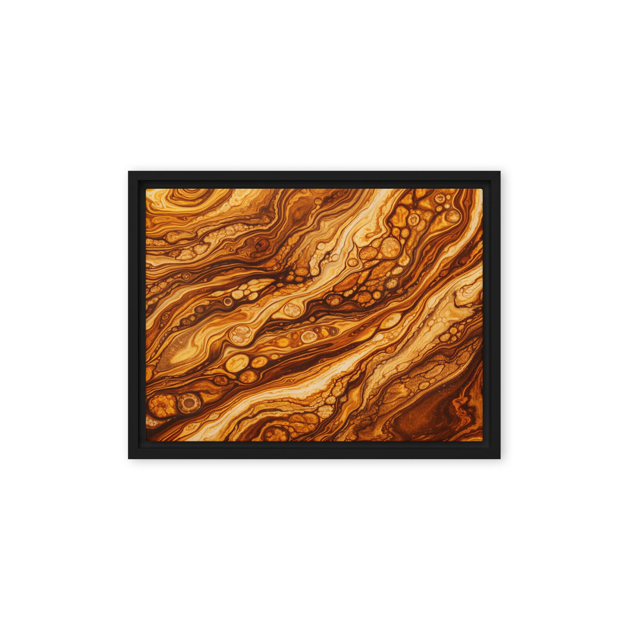 Molten Cells framed canvas print with product details shown in black frame, 20 x 28 inch large size