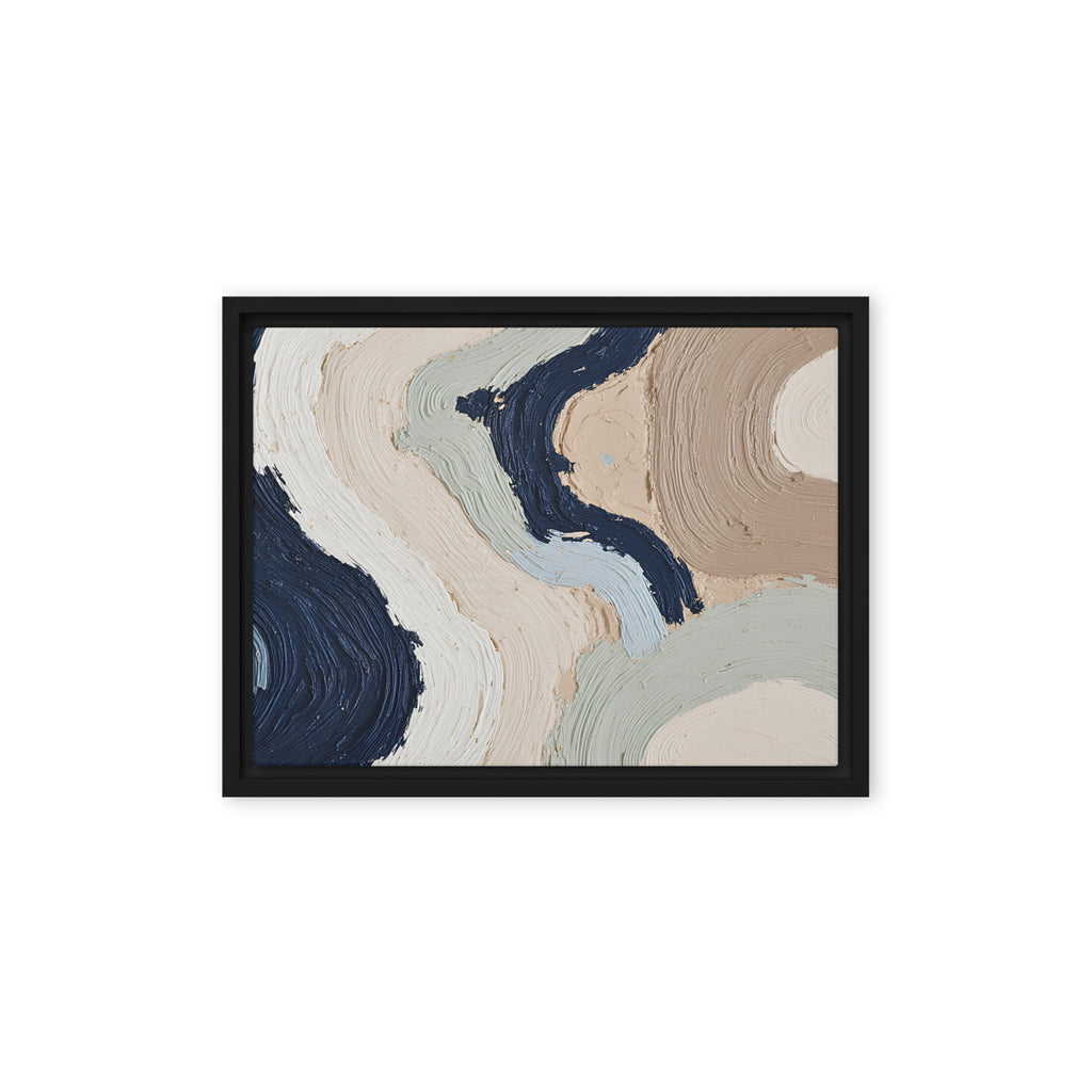 Alluvia framed canvas artwork with layered earth tones and flowing mineral textures, shown on white.