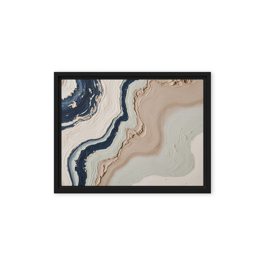 Striata framed canvas artwork with rhythmic bands of mineral color and sediment-like layers, shown on white.