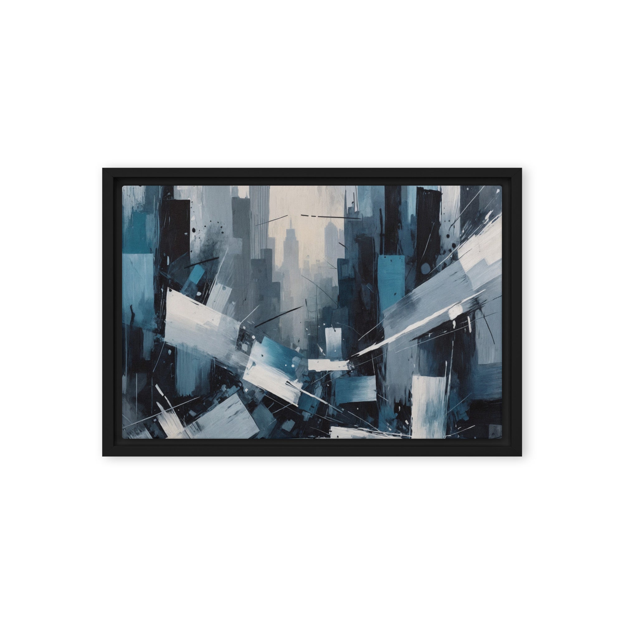 Zephyr framed canvas skyline with product details shown in black frame, 20 x 30 inch large size