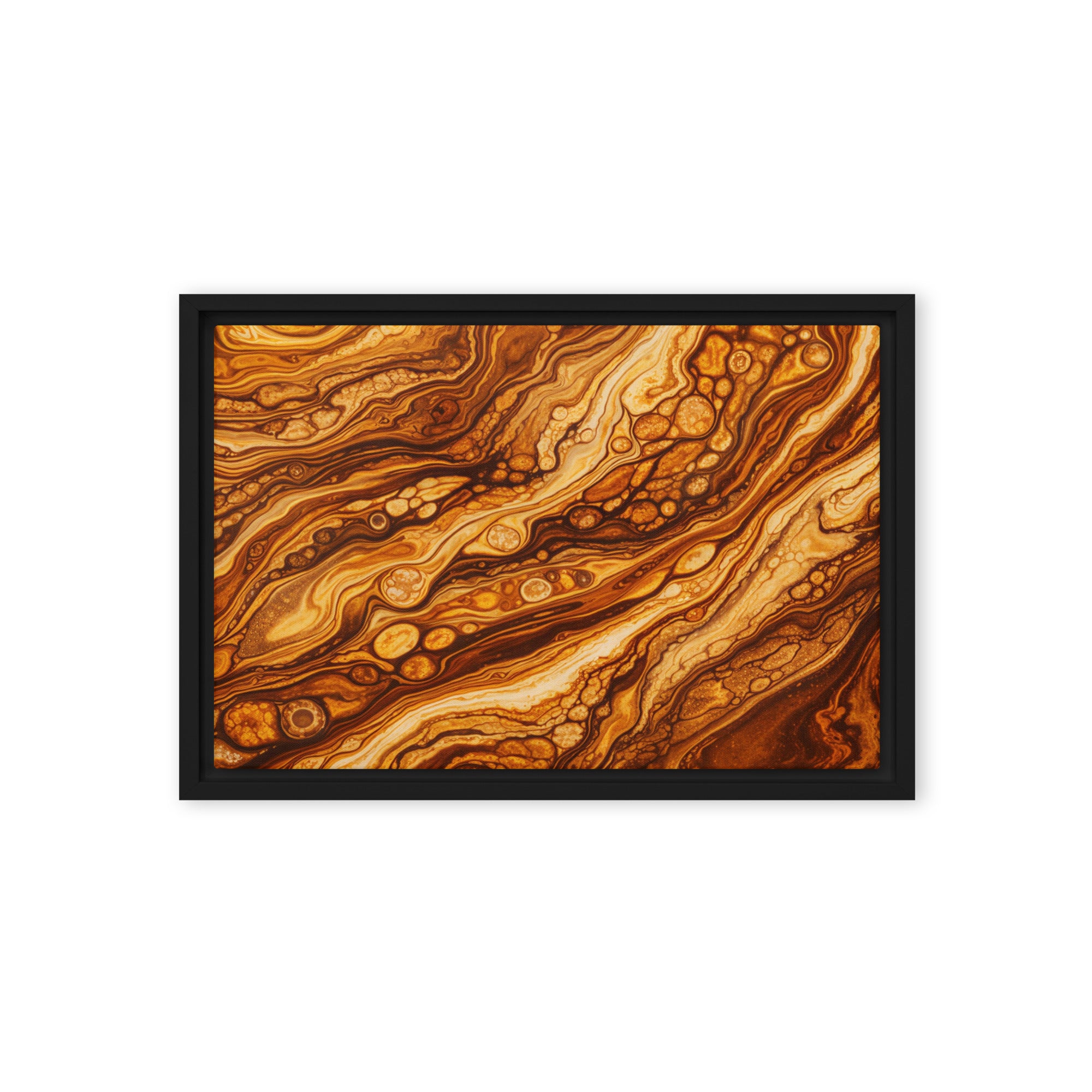 Molten Cells framed canvas print shown in front view in black frame, 24 x 36 inch statement piece