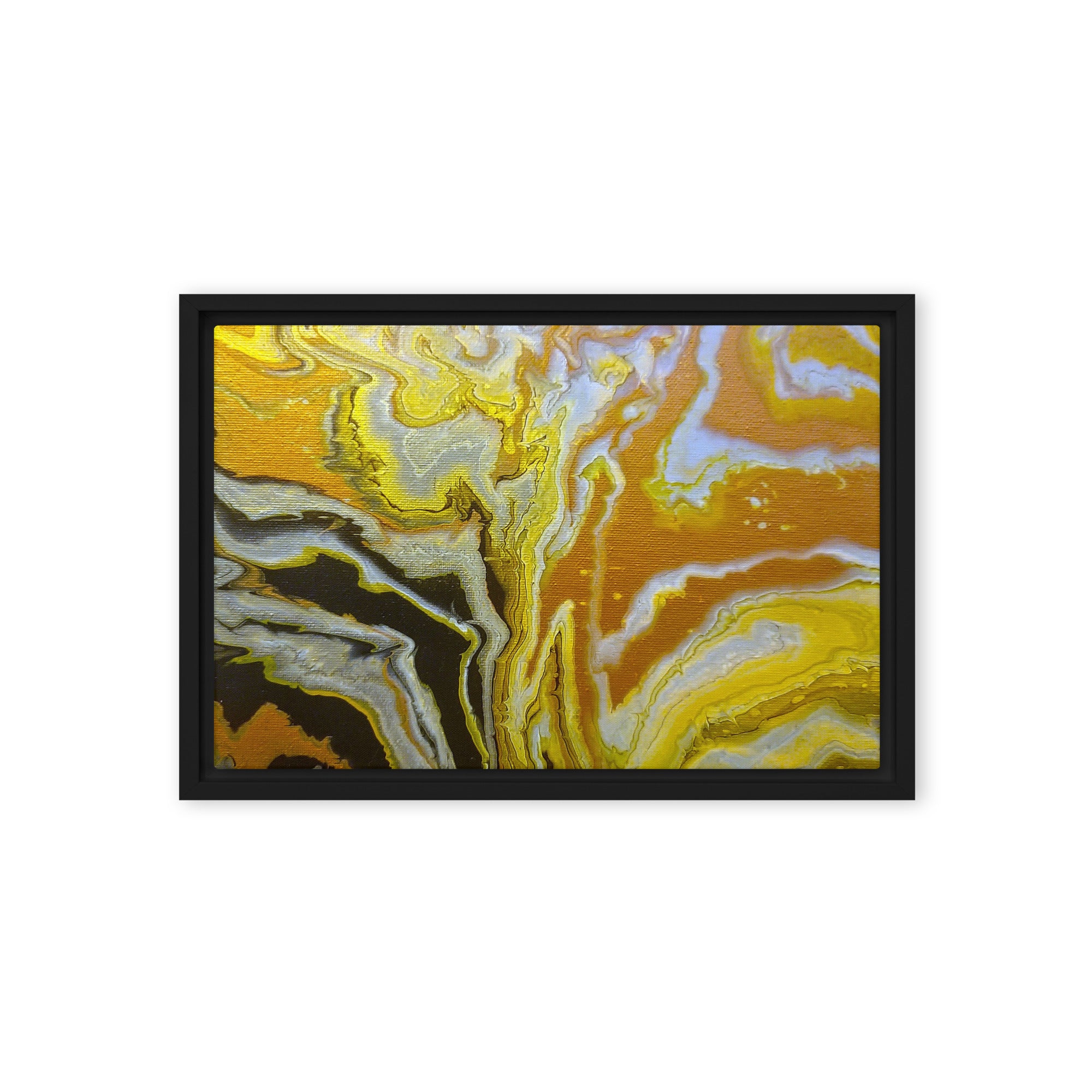 Golden Surge framed canvas print shown in front view in black frame, 8 x 10 inch universal size