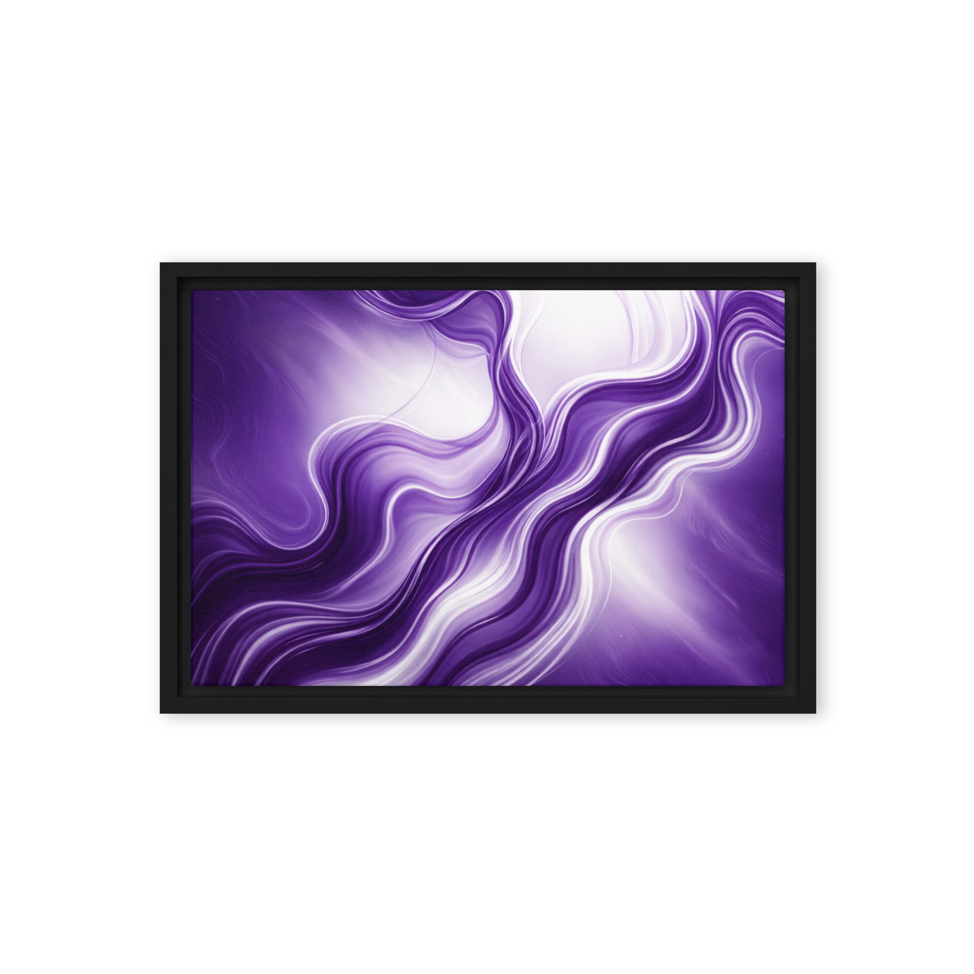 Silk framed canvas print with product details shown in brown frame, 12 x 16 inch universal size