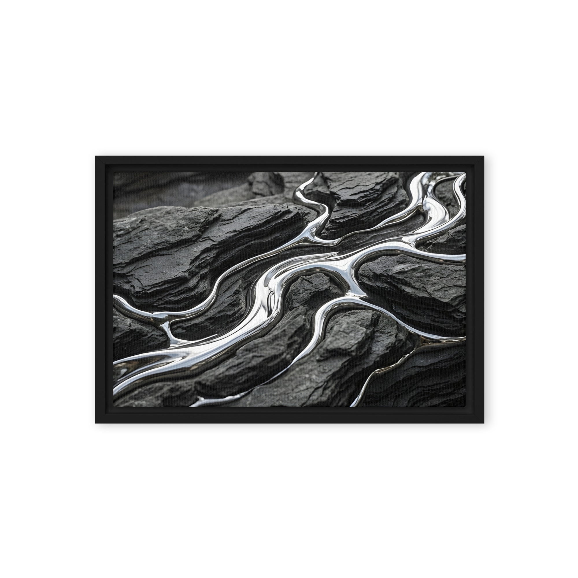 Basalt framed canvas print with product details shown in black frame, 20 x 30 inch large size
