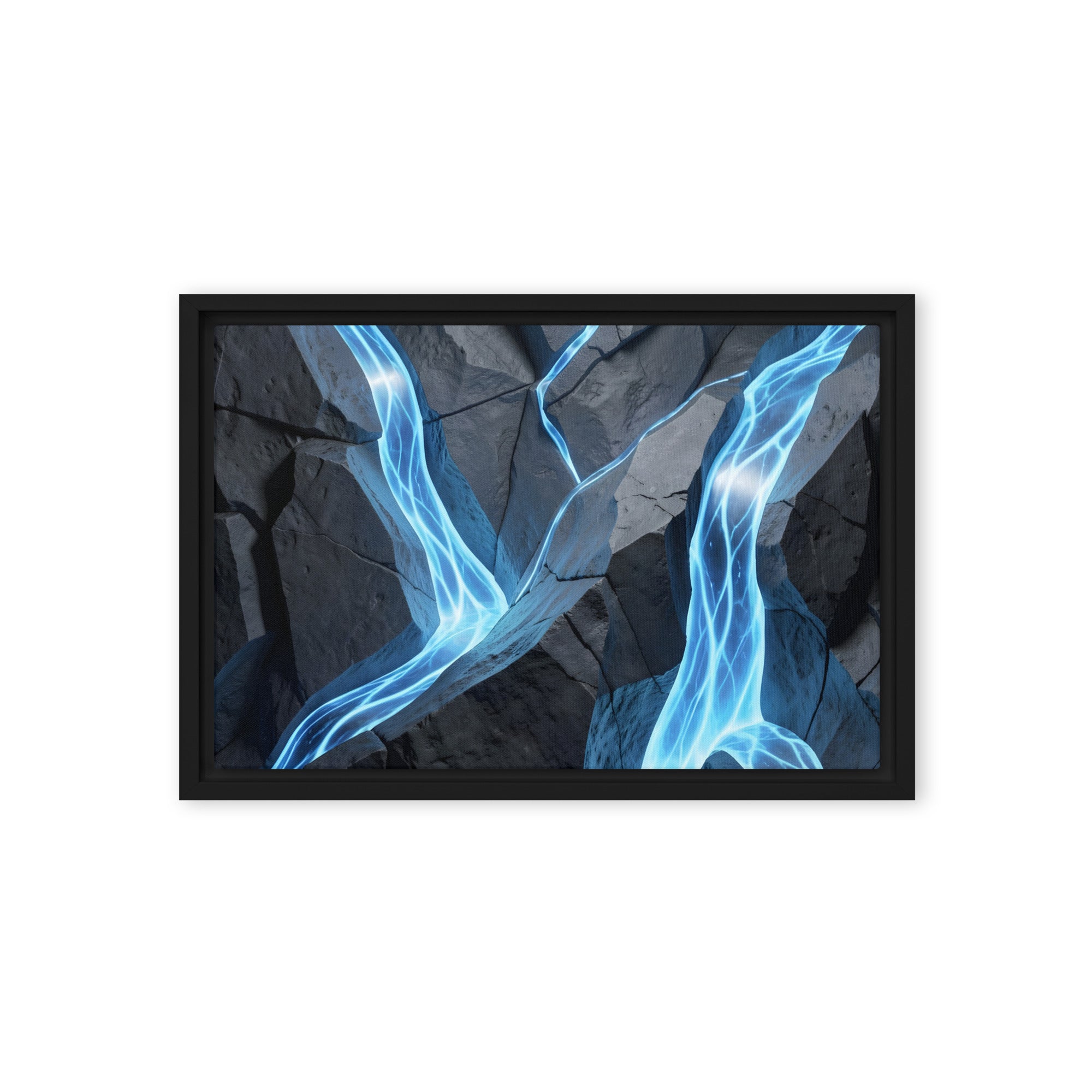 Tephra framed canvas print with product details shown in brown frame, 12 x 16 inch universal size