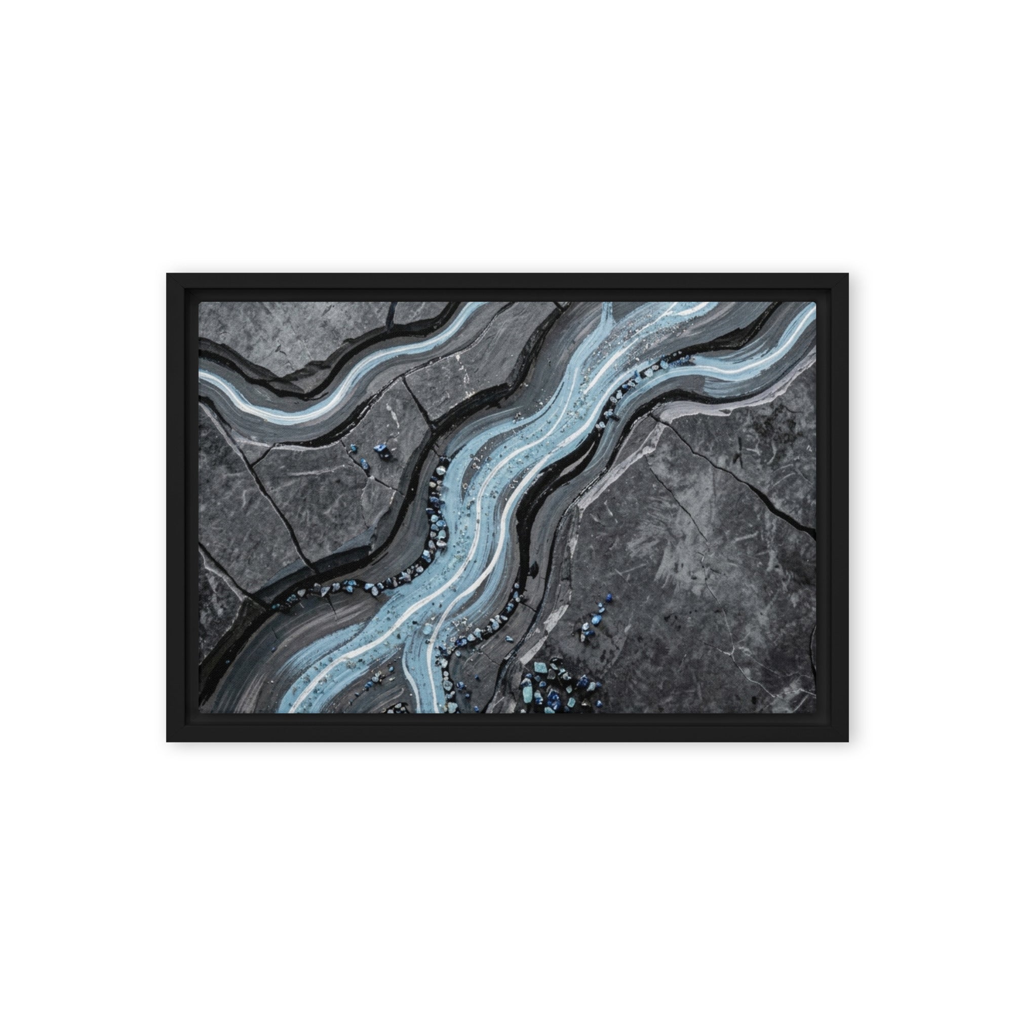 Viscosity framed canvas print with product details shown in brown frame, 12 x 16 inch universal size