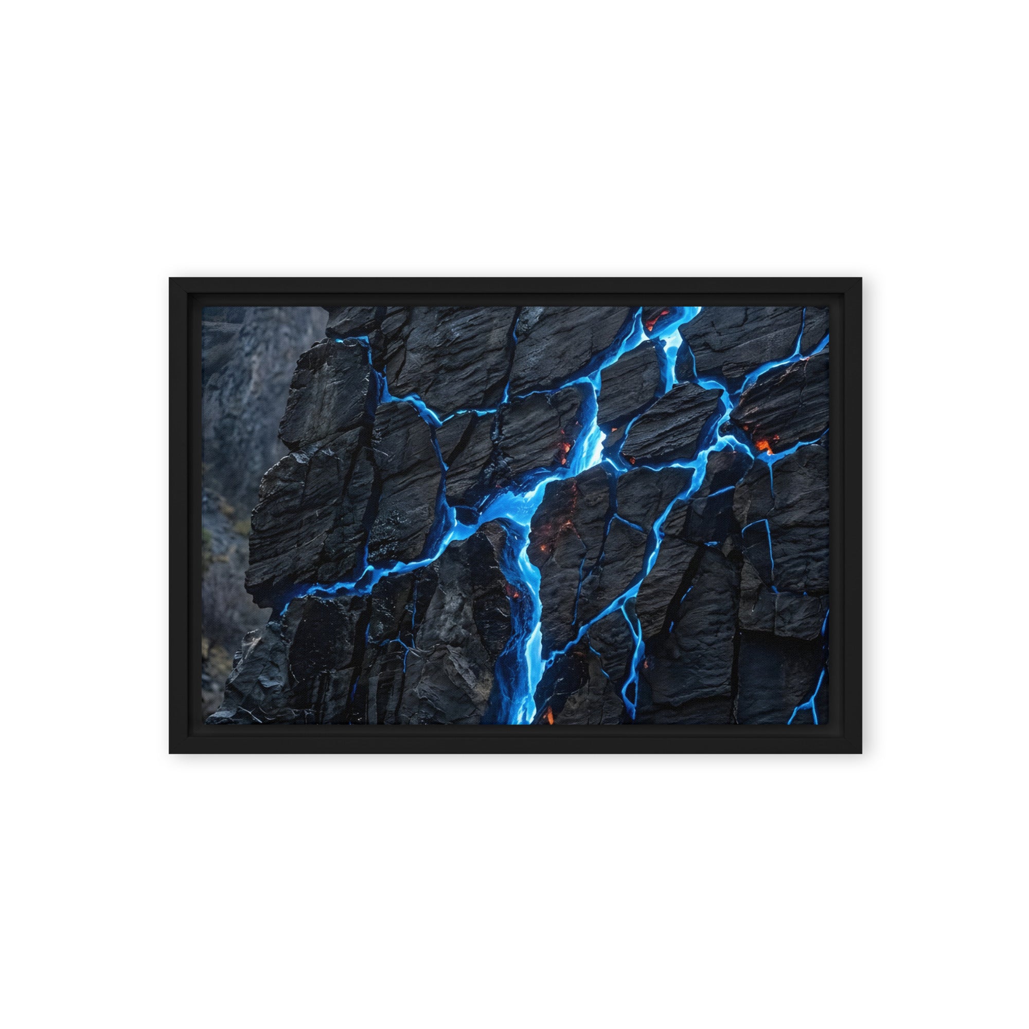 Xenolith framed canvas print with product details shown in brown frame, 12 x 16 inch universal size