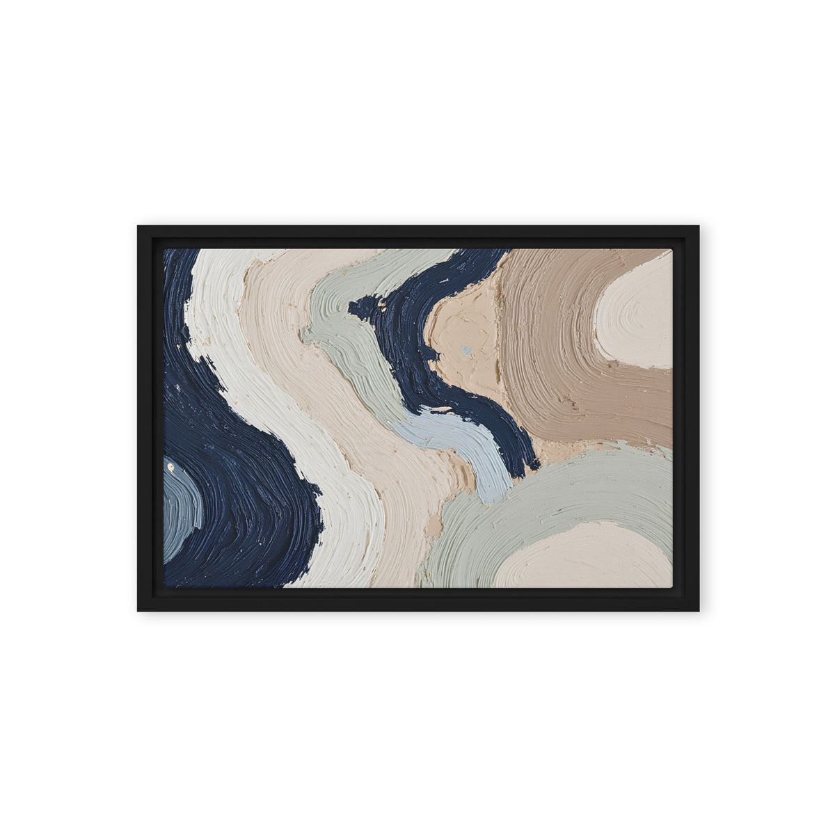 Alluvia framed canvas artwork with layered earth tones and flowing mineral textures, shown on white.