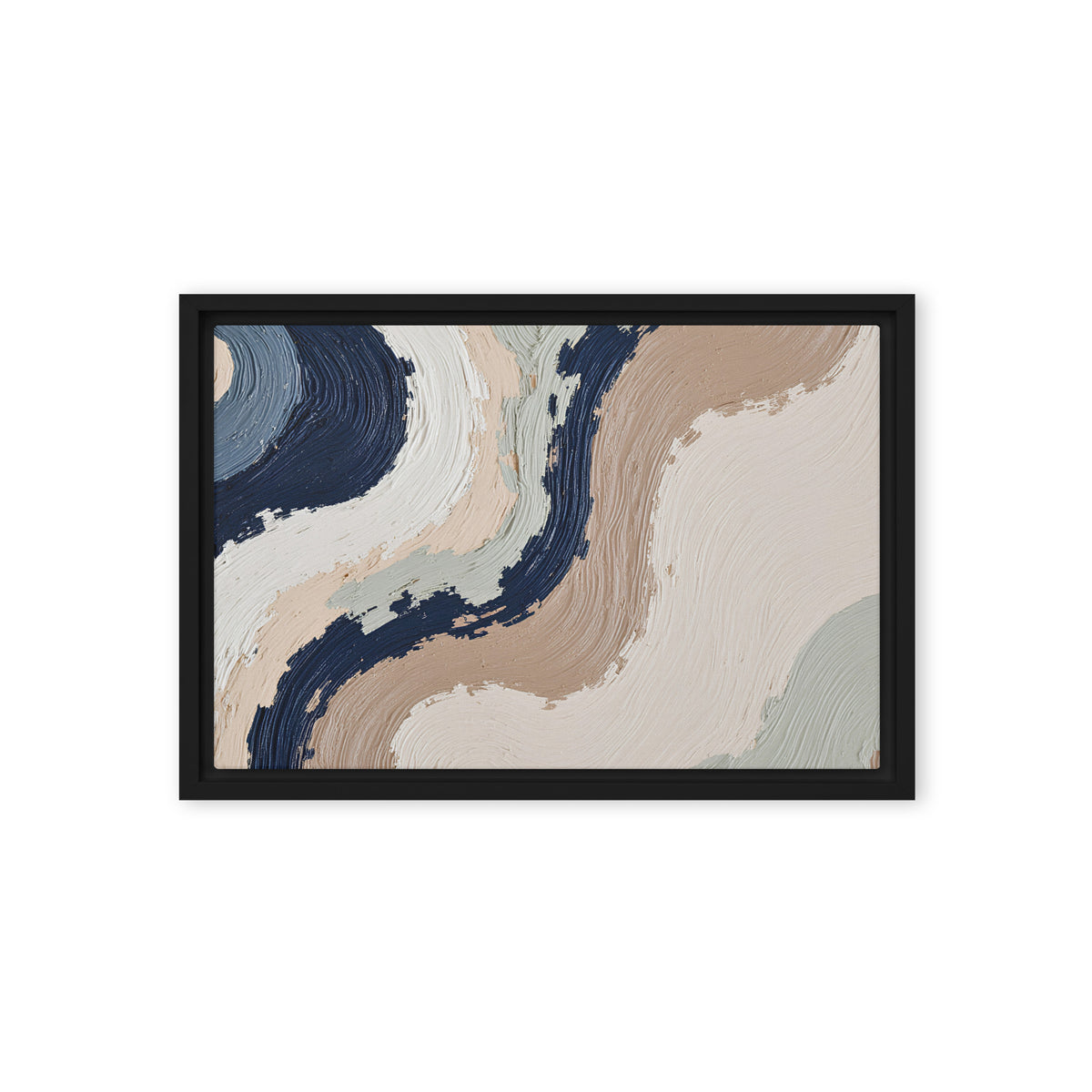 Loess framed canvas artwork with warm ochre, taupe and sandstone-like textures, shown on white.
