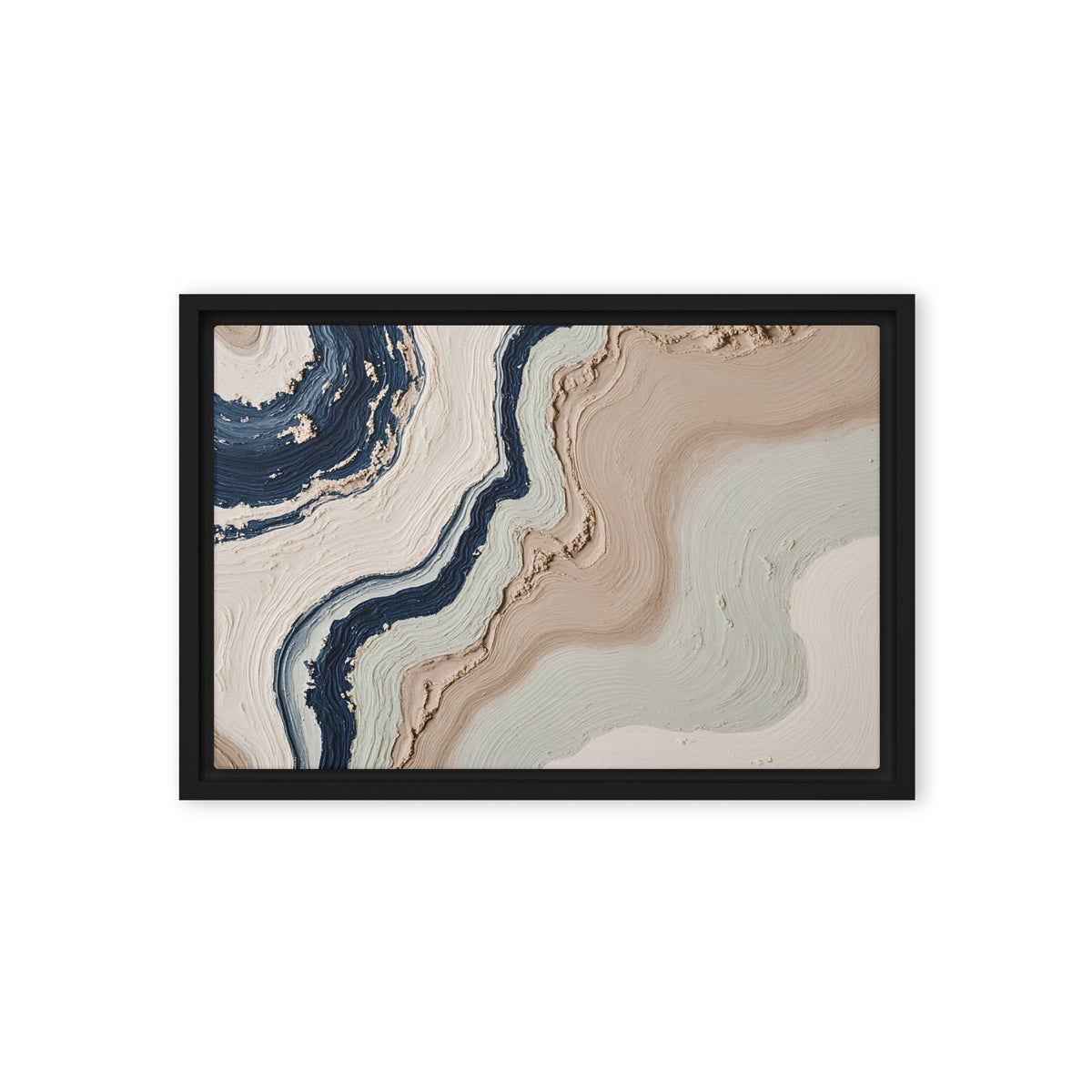 Striata framed canvas artwork with rhythmic bands of mineral color and sediment-like layers, shown on white.
