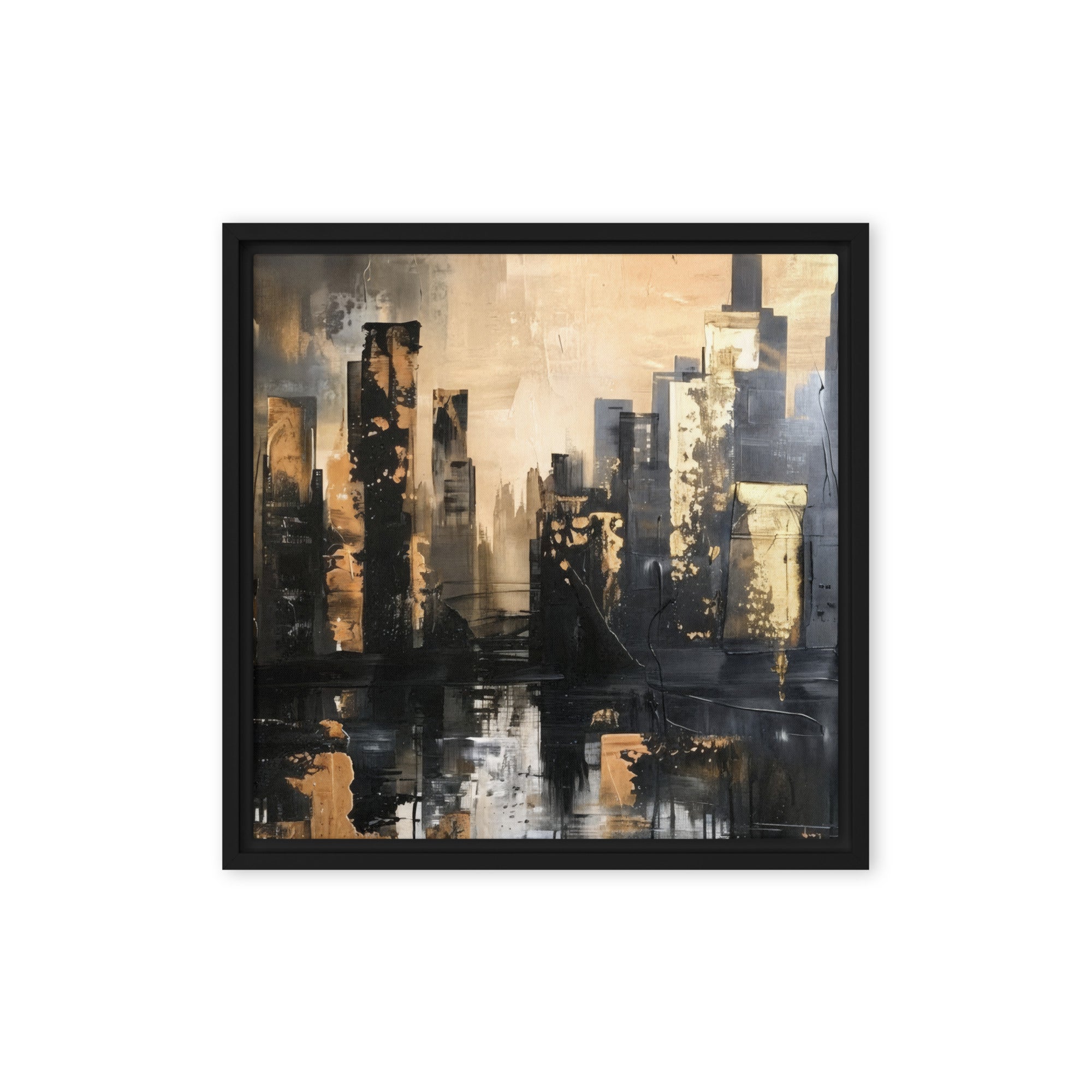 Sommet framed canvas skyline with product details shown in black frame, 24 x 32 inch large size