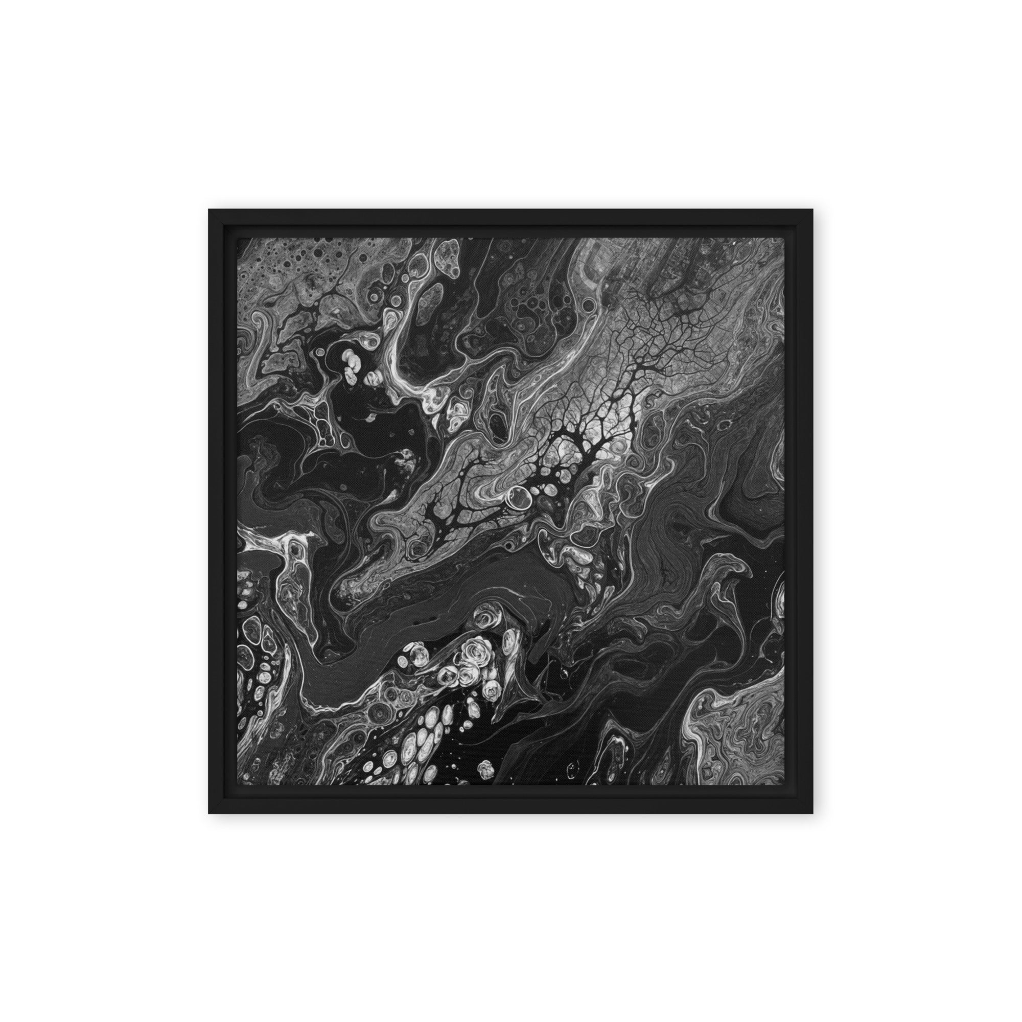 Dark Matter framed canvas print product image in brown frame, 16 x 16 inch universal size