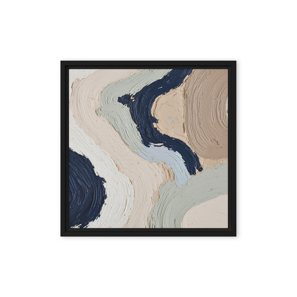 Alluvia framed canvas artwork with layered earth tones and flowing mineral textures, shown on white.