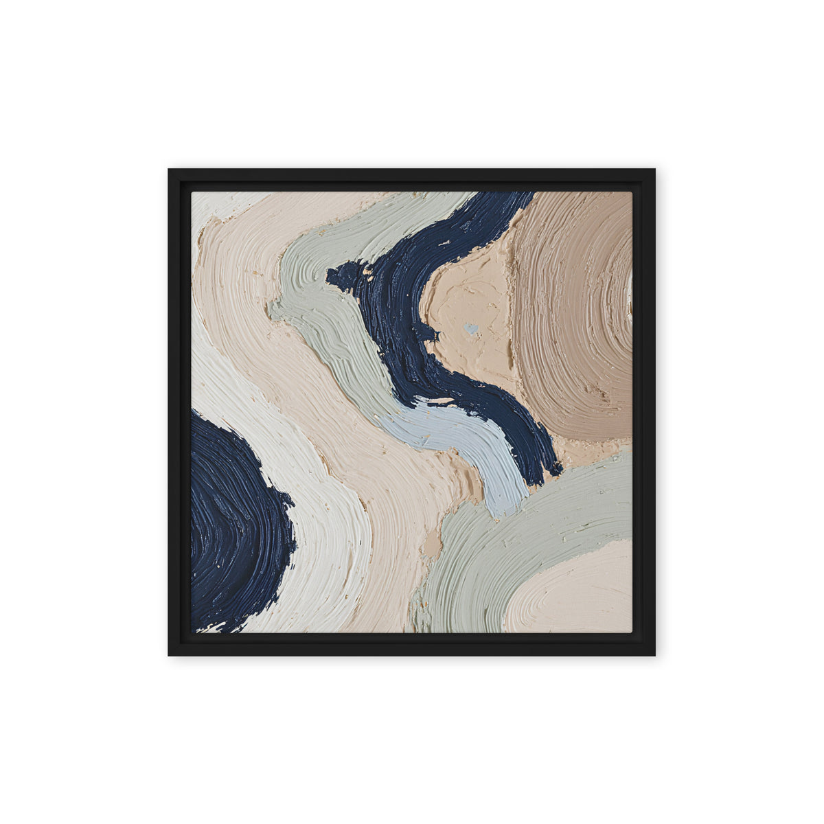Alluvia framed canvas artwork with layered earth tones and flowing mineral textures, shown on white.