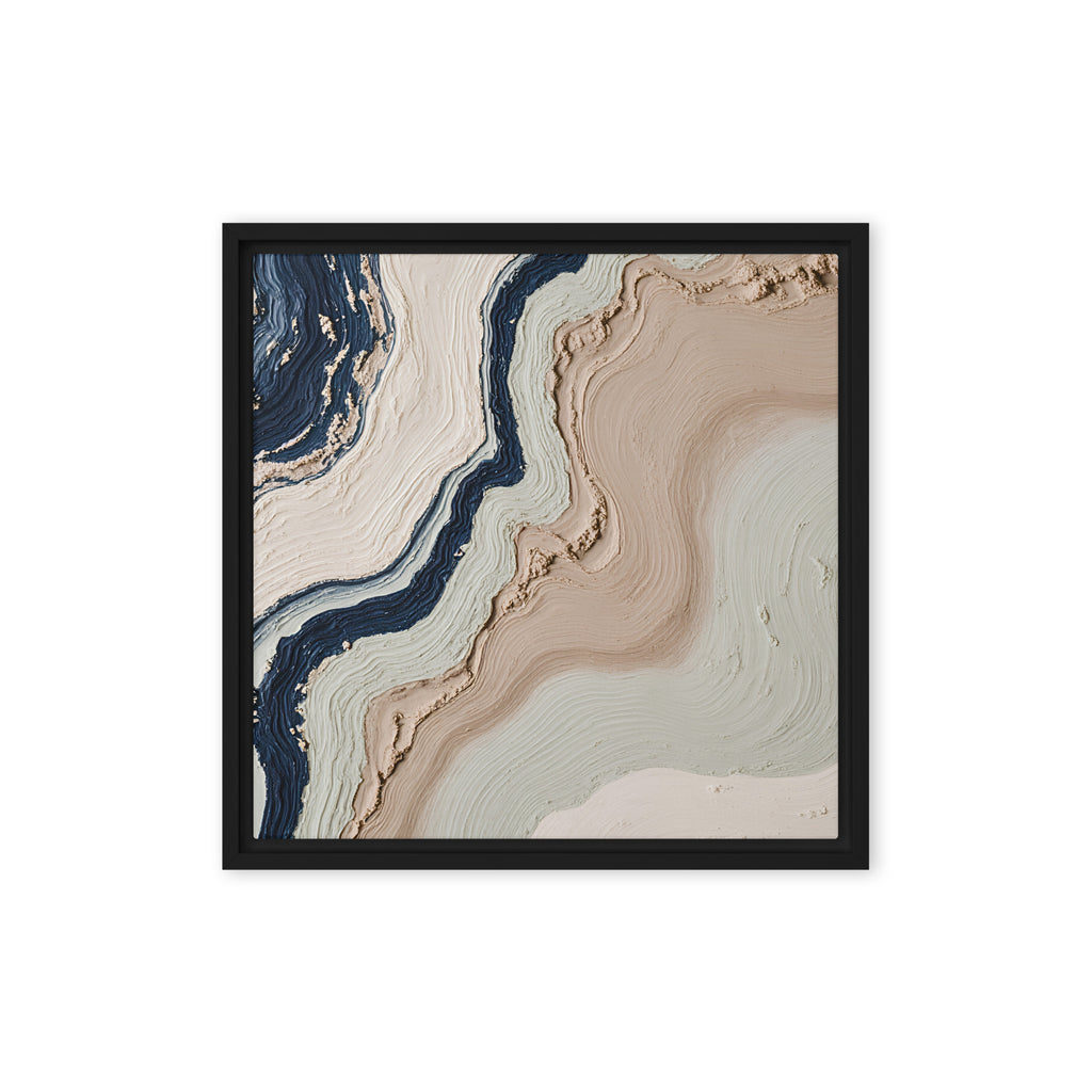 Striata framed canvas artwork with rhythmic bands of mineral color and sediment-like layers, shown on white.
