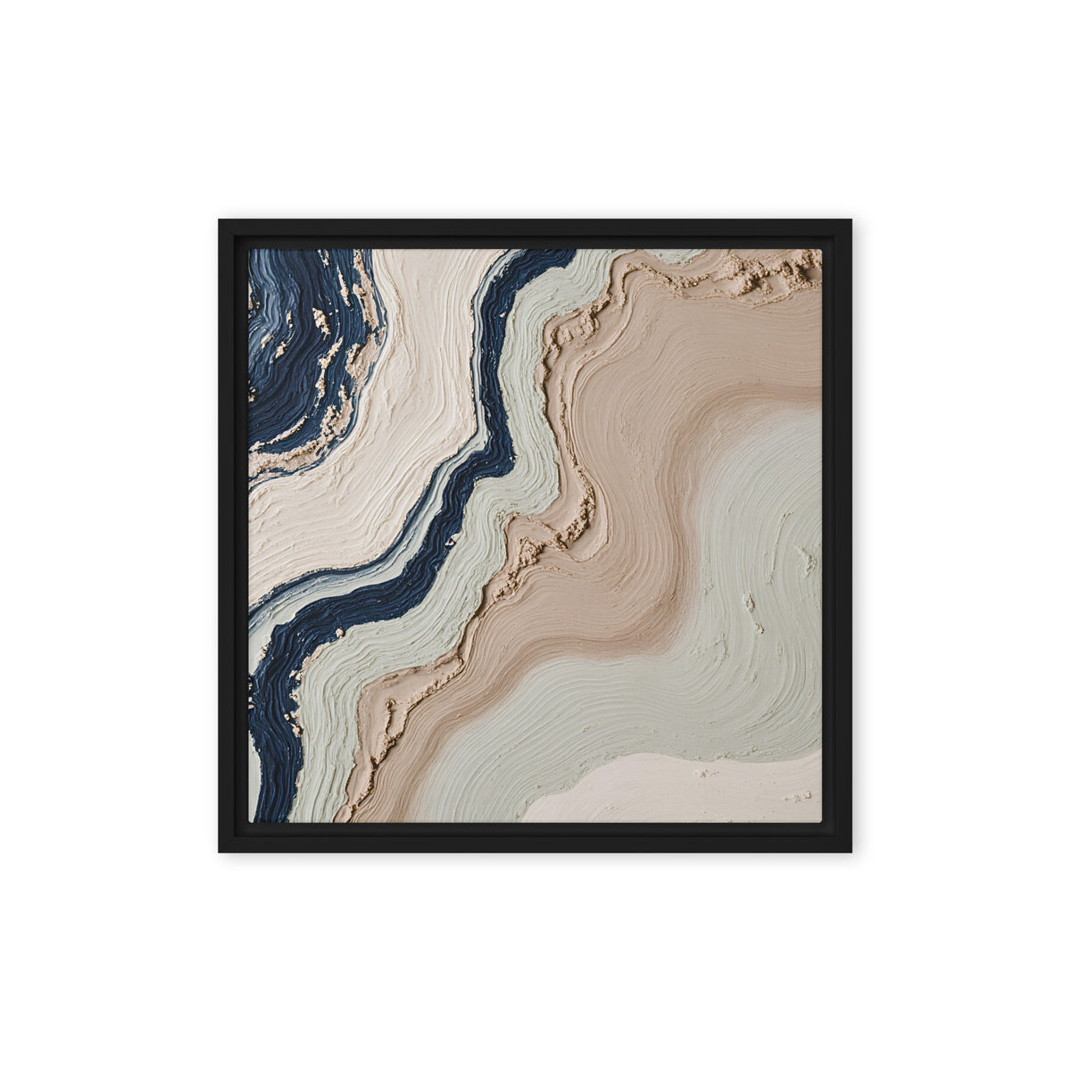 Striata framed canvas artwork with rhythmic bands of mineral color and sediment-like layers, shown on white.